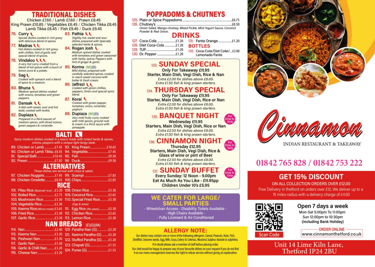 Carte et Menus 2024 Cinnamon à Thetford TheFork