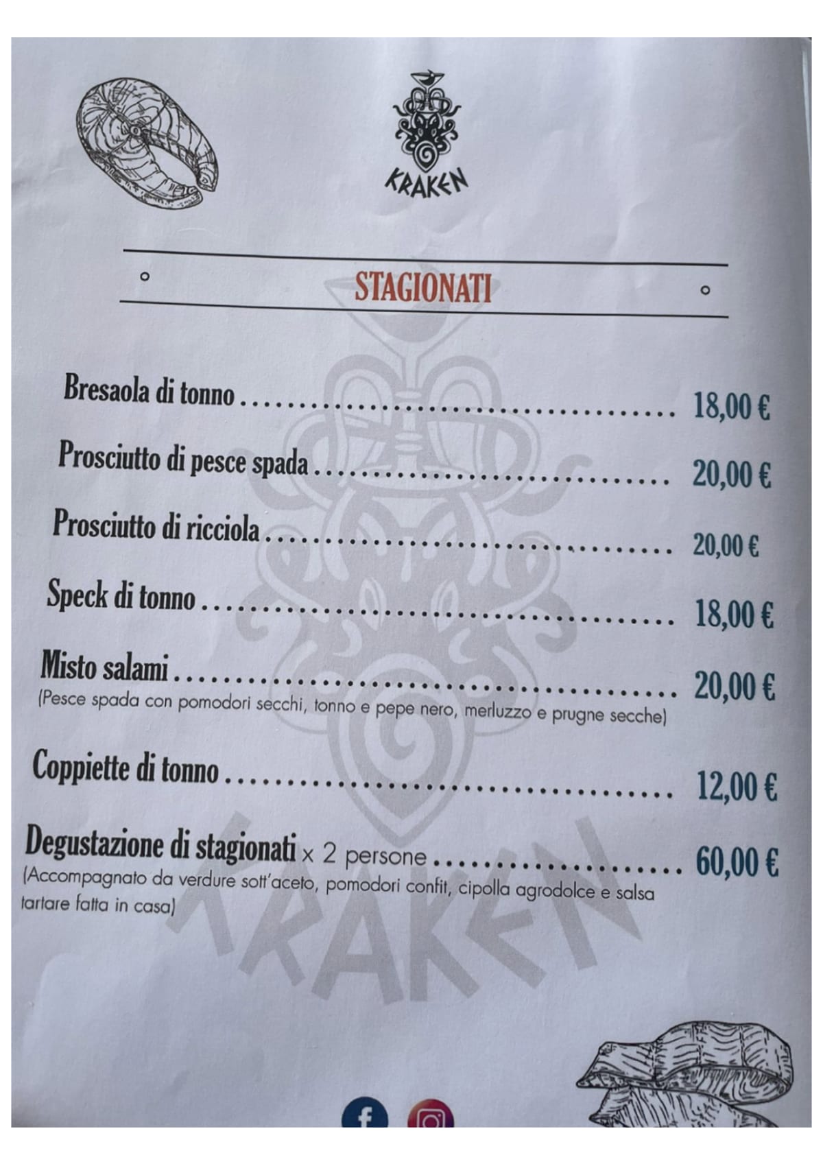 Kraken Roma menu