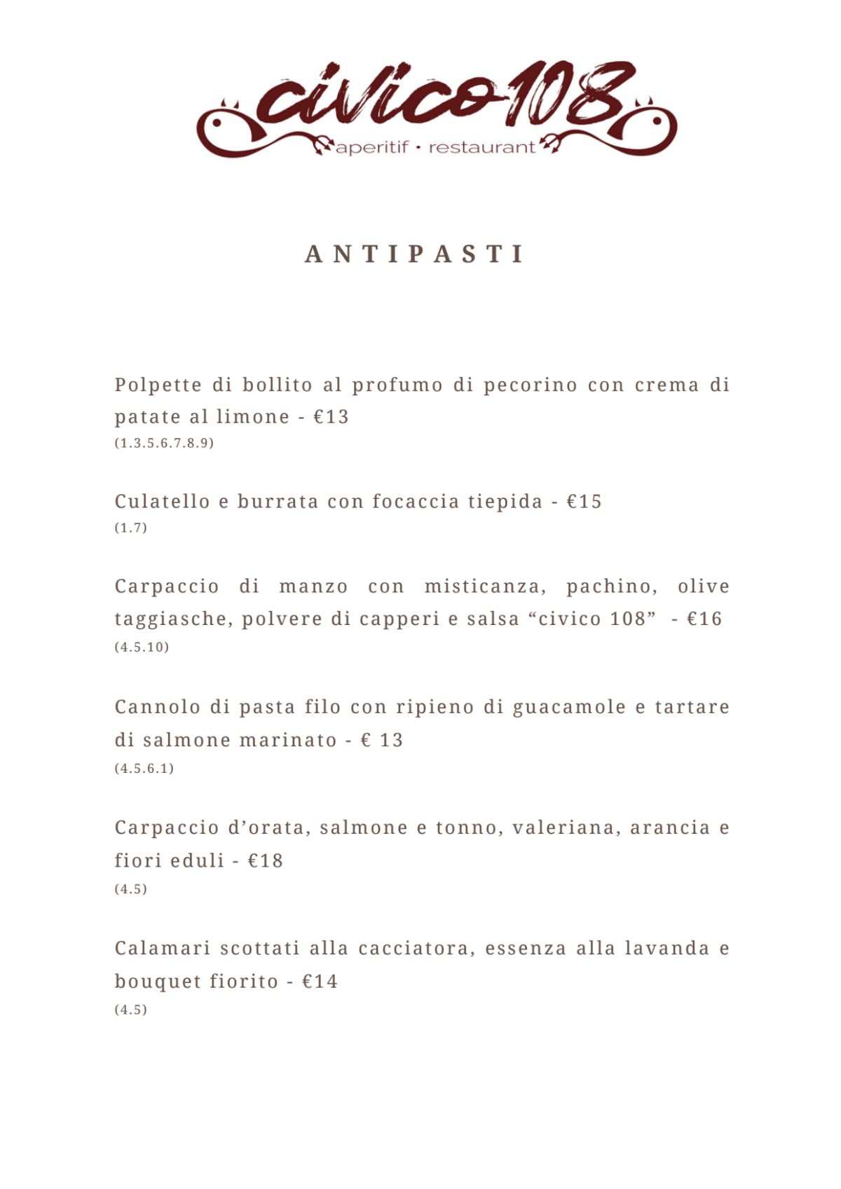 Civico 108 menu