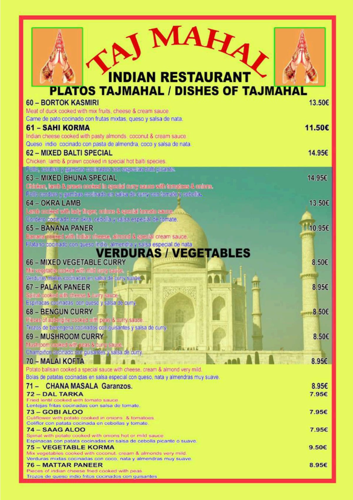 Taj Mahal - Lavapiés 46 menu