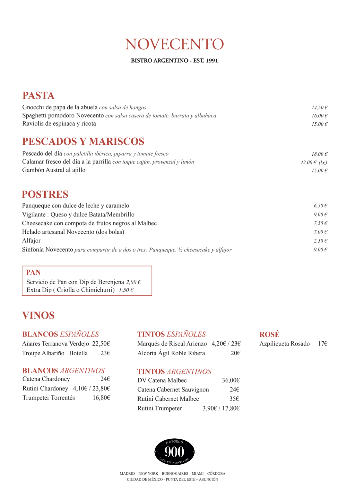 Carta y menù 2024 Actualizados Novecento Bistró en Madrid TheFork