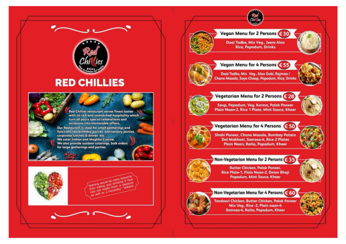 Red Chillies Indian Restaurant menu