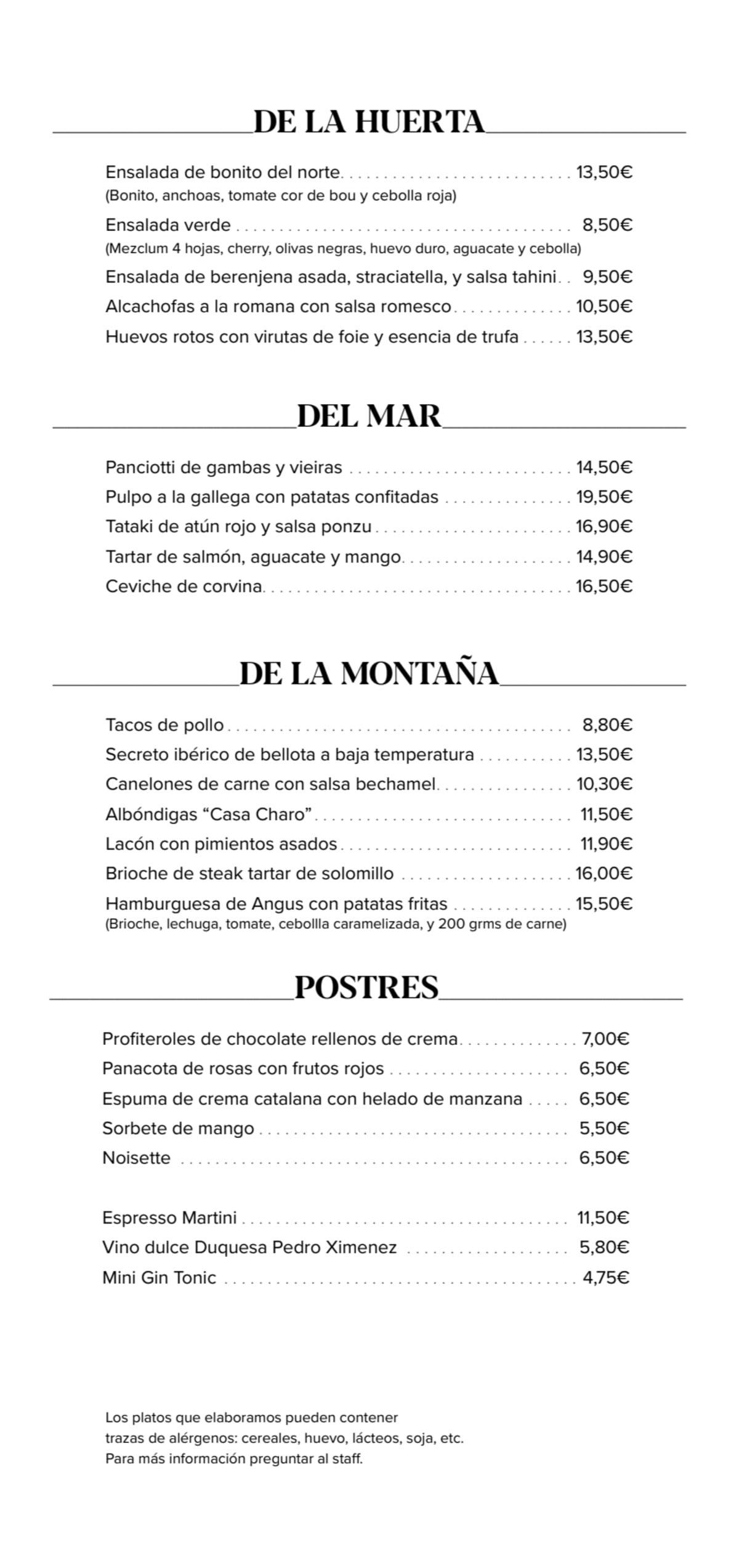 Casa Charo Gastrotapeo menu