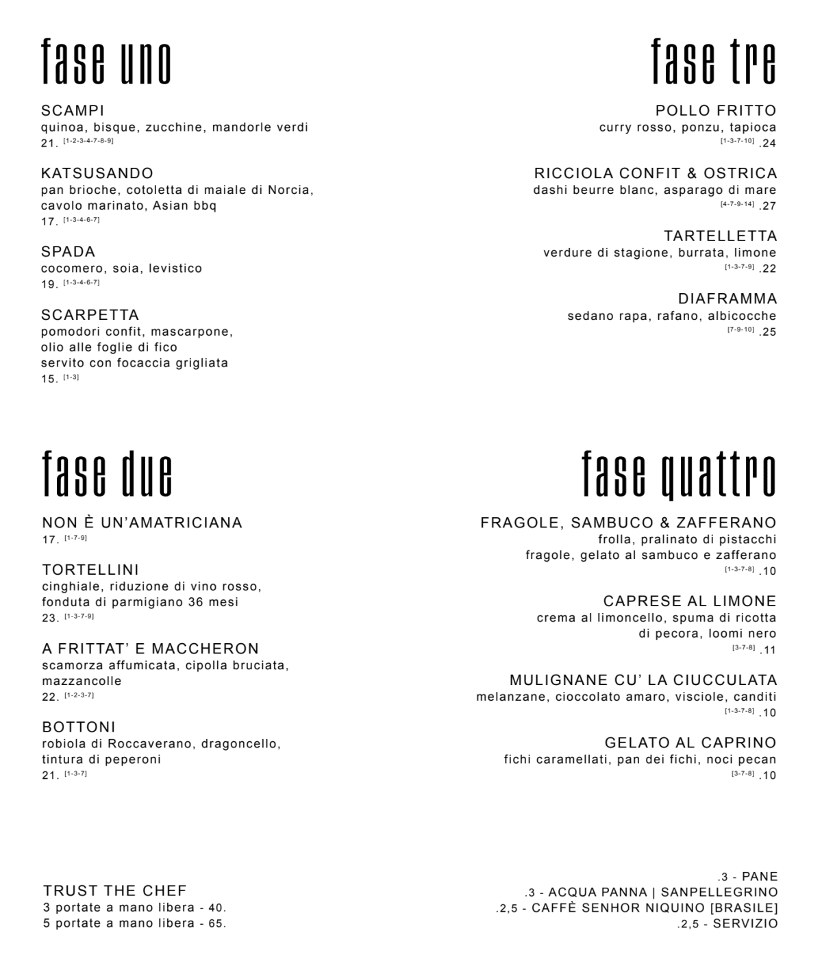 Fase Restaurant menu