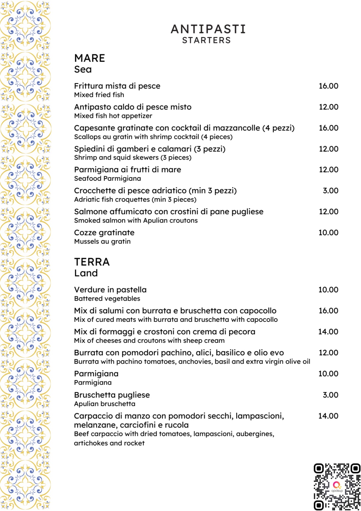 Frisà bistró menu