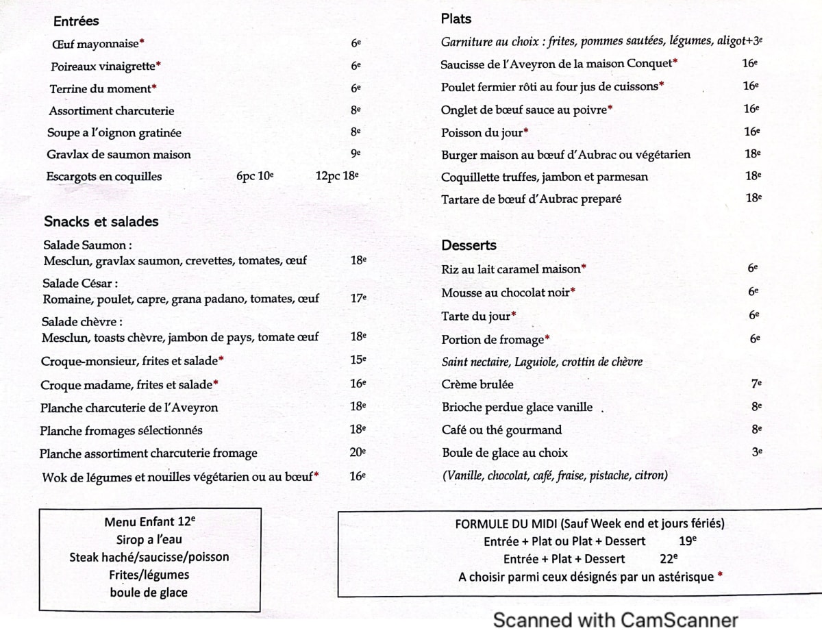 L'étincelle Brasserie menu