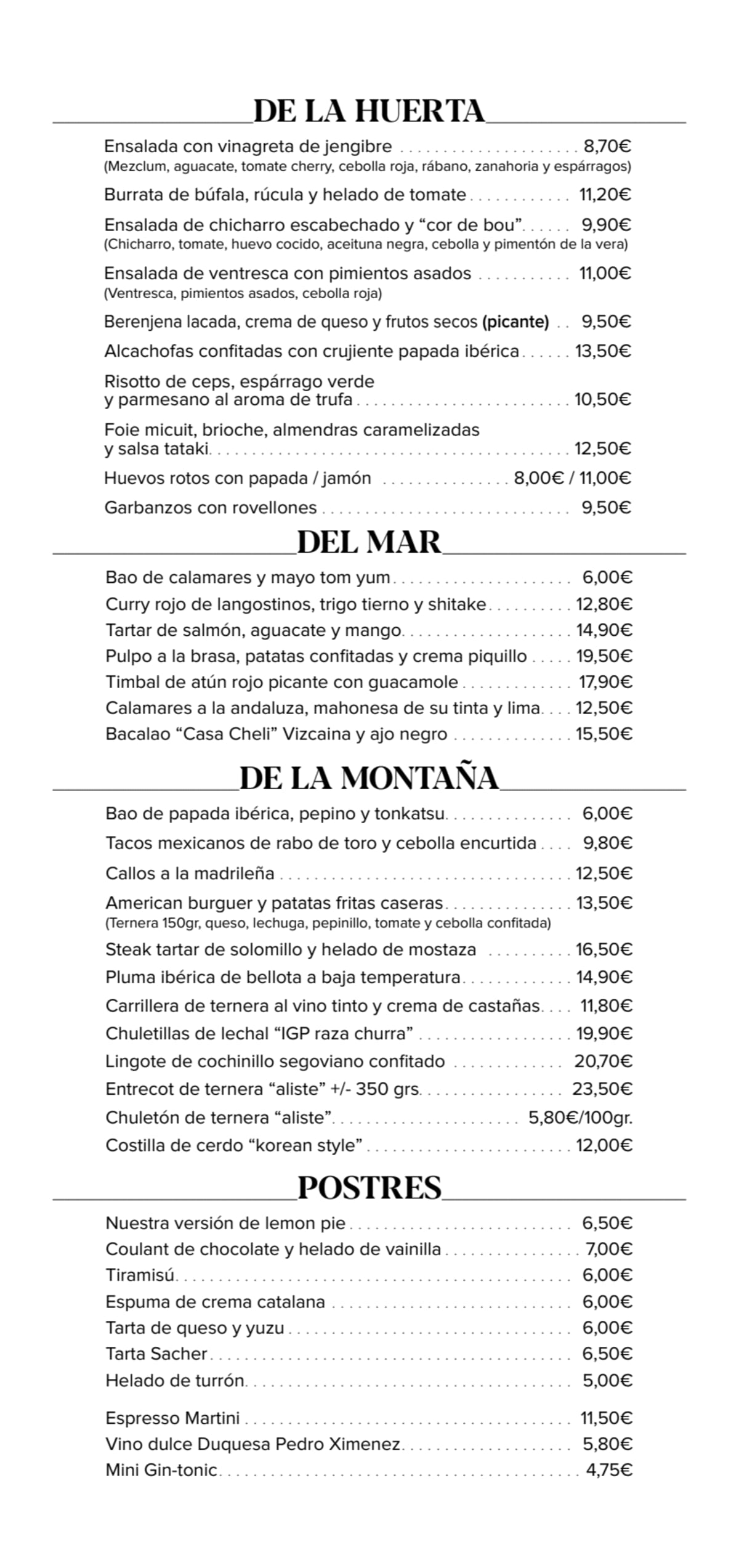 Casa Cheli menu