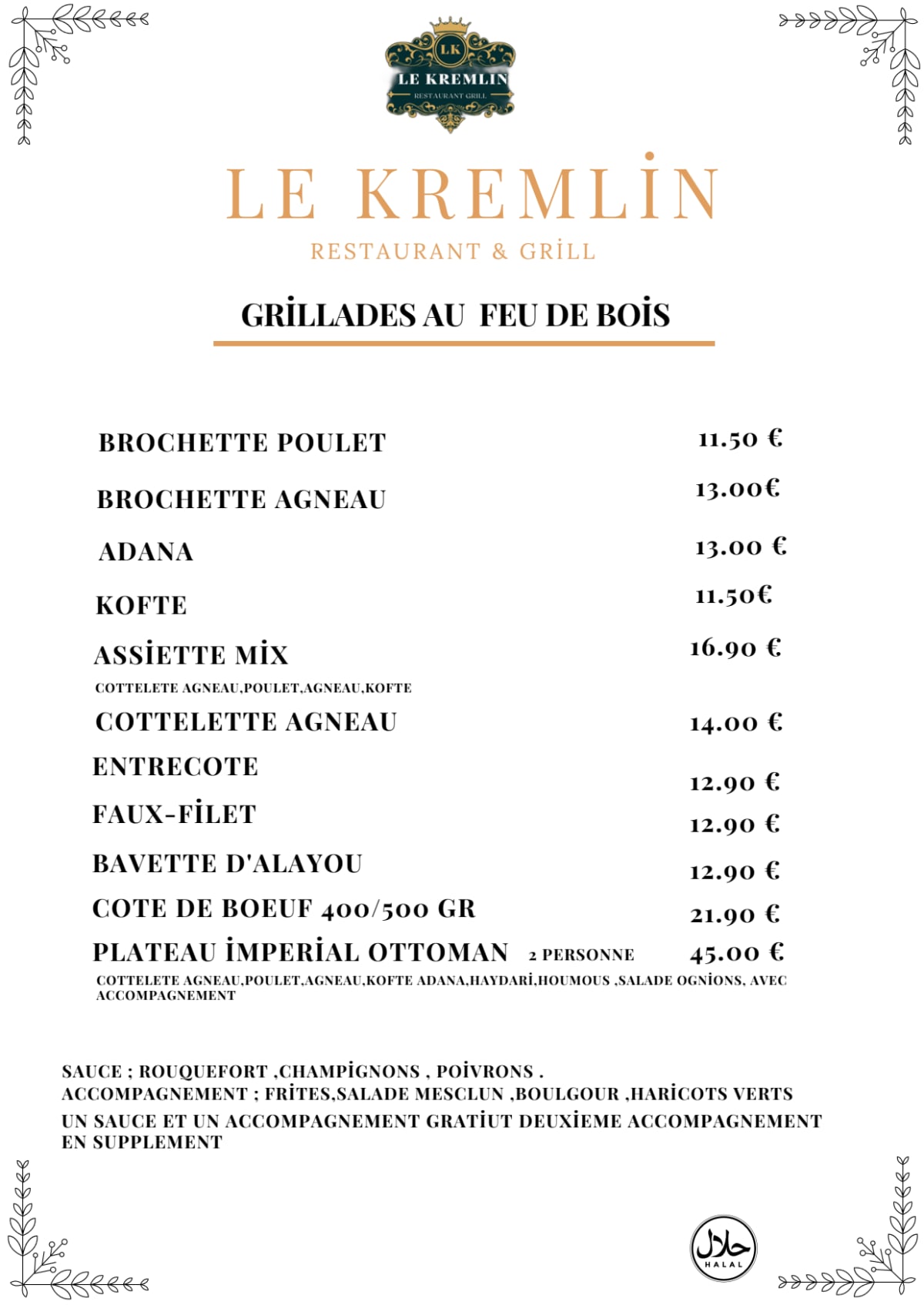 Le Kremlin Restaurant Grill menu