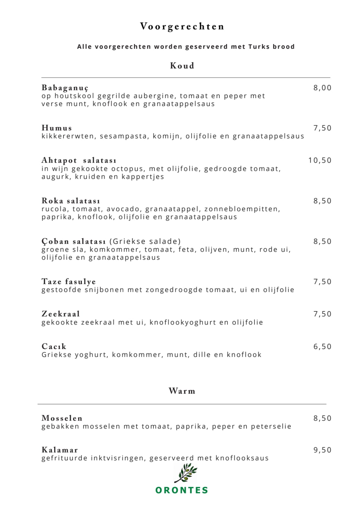 Orontes menu