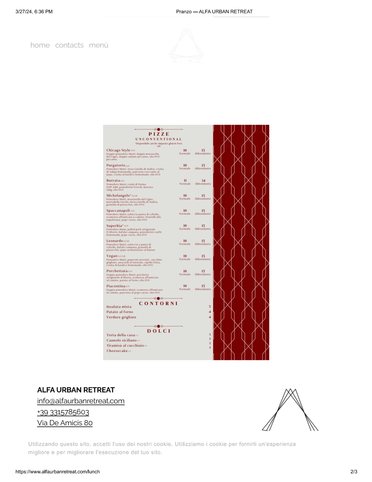 Alfa Urban Retreat menu