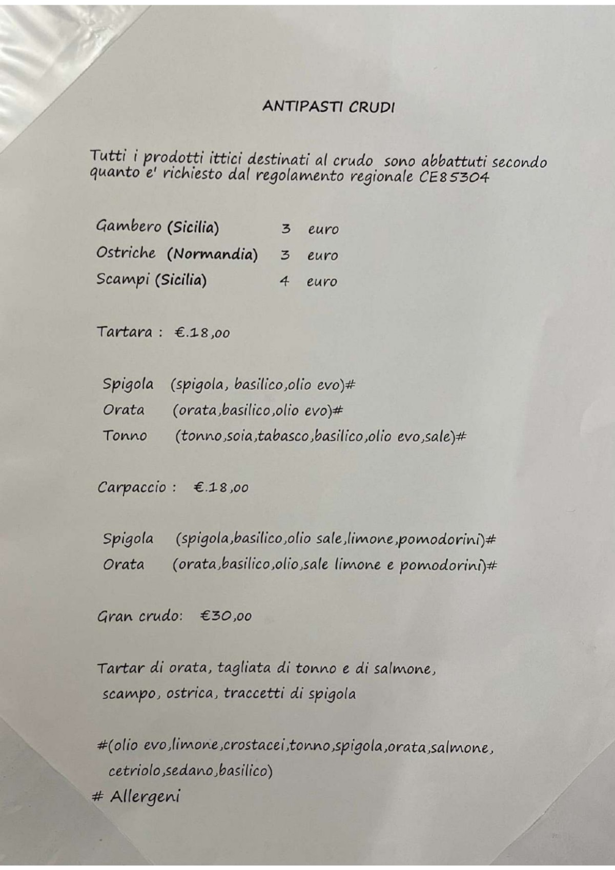 Pani e Pesci menu