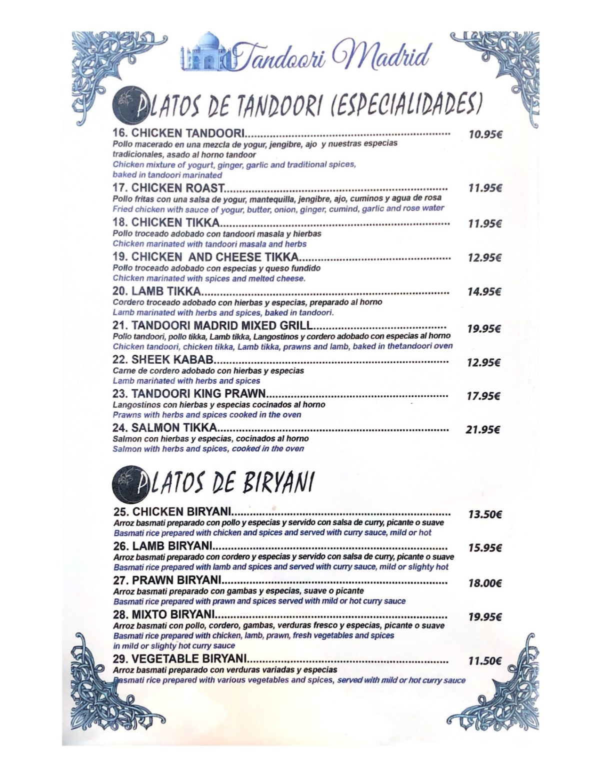 Tandoori Madrid menu