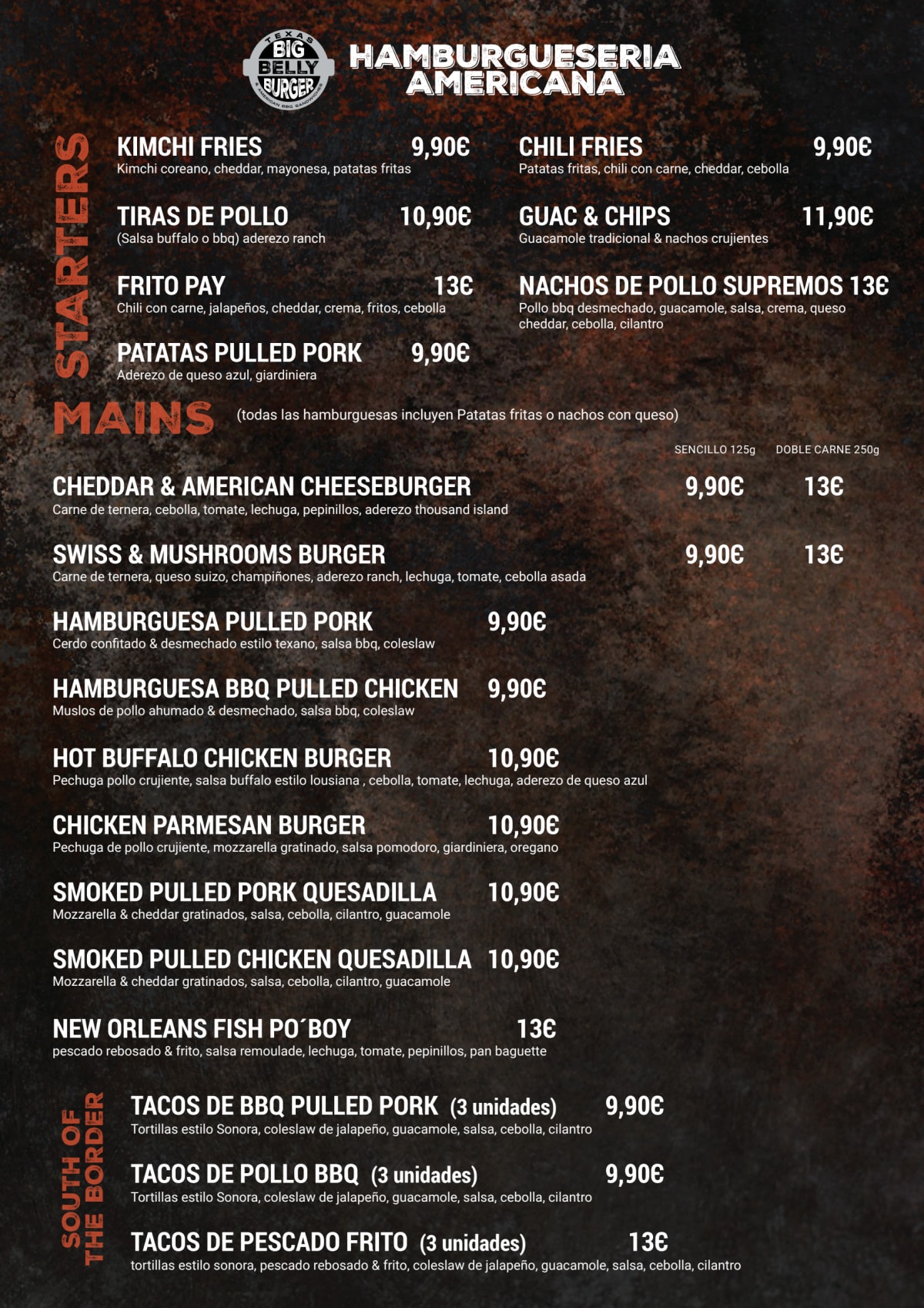 BIG BELLY BURGER menu