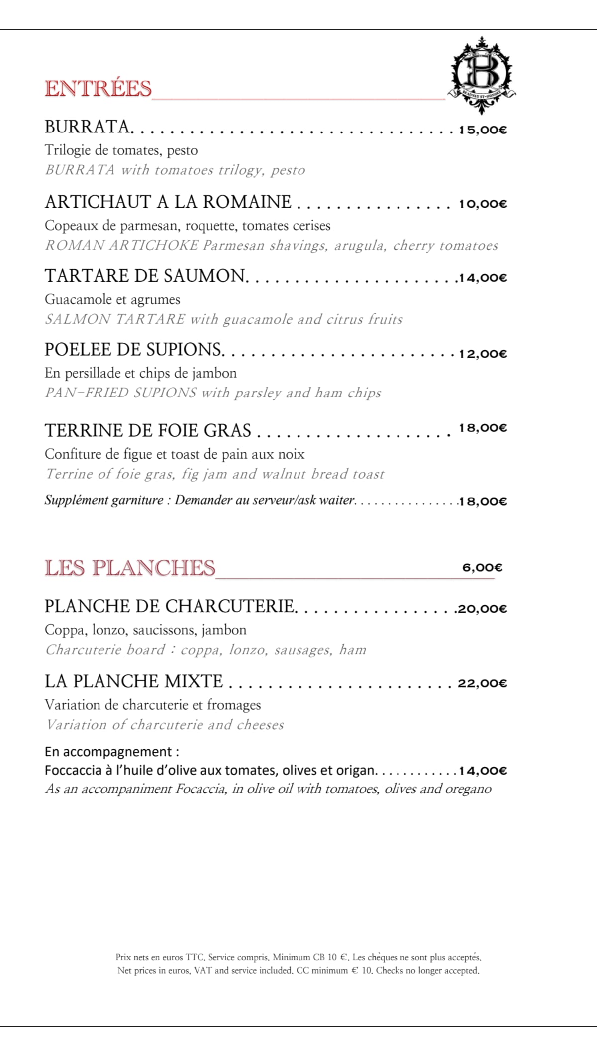 Beauvau Saint Honoré menu