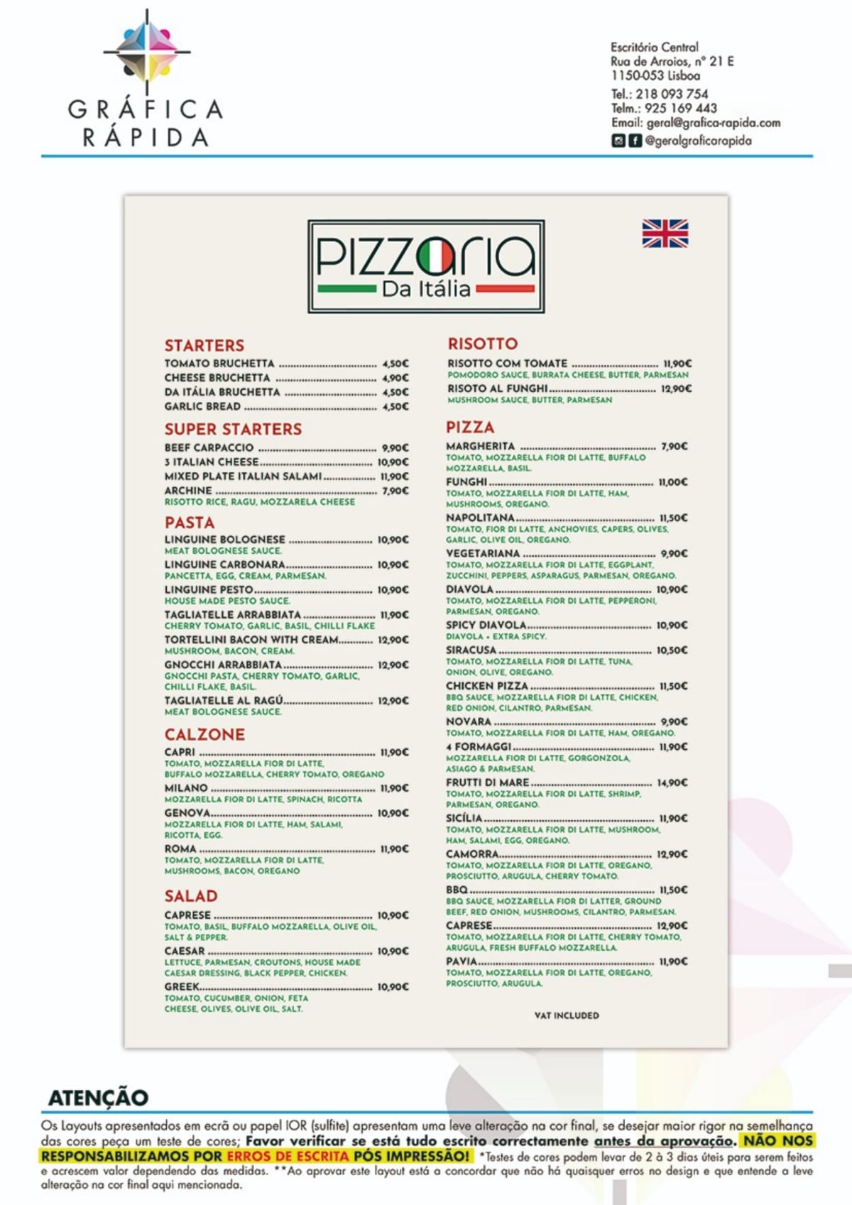 Pizzaria da Itália menu