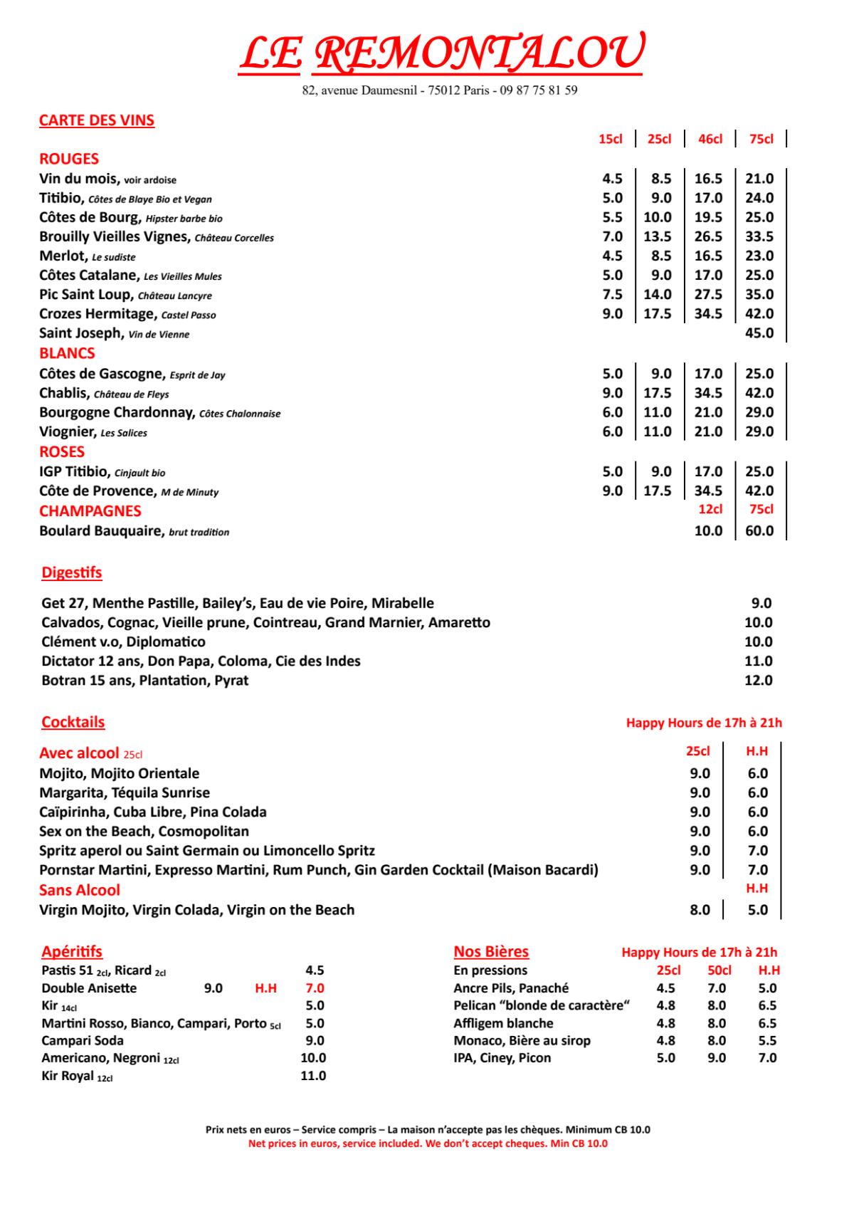 Le Remontalou menu