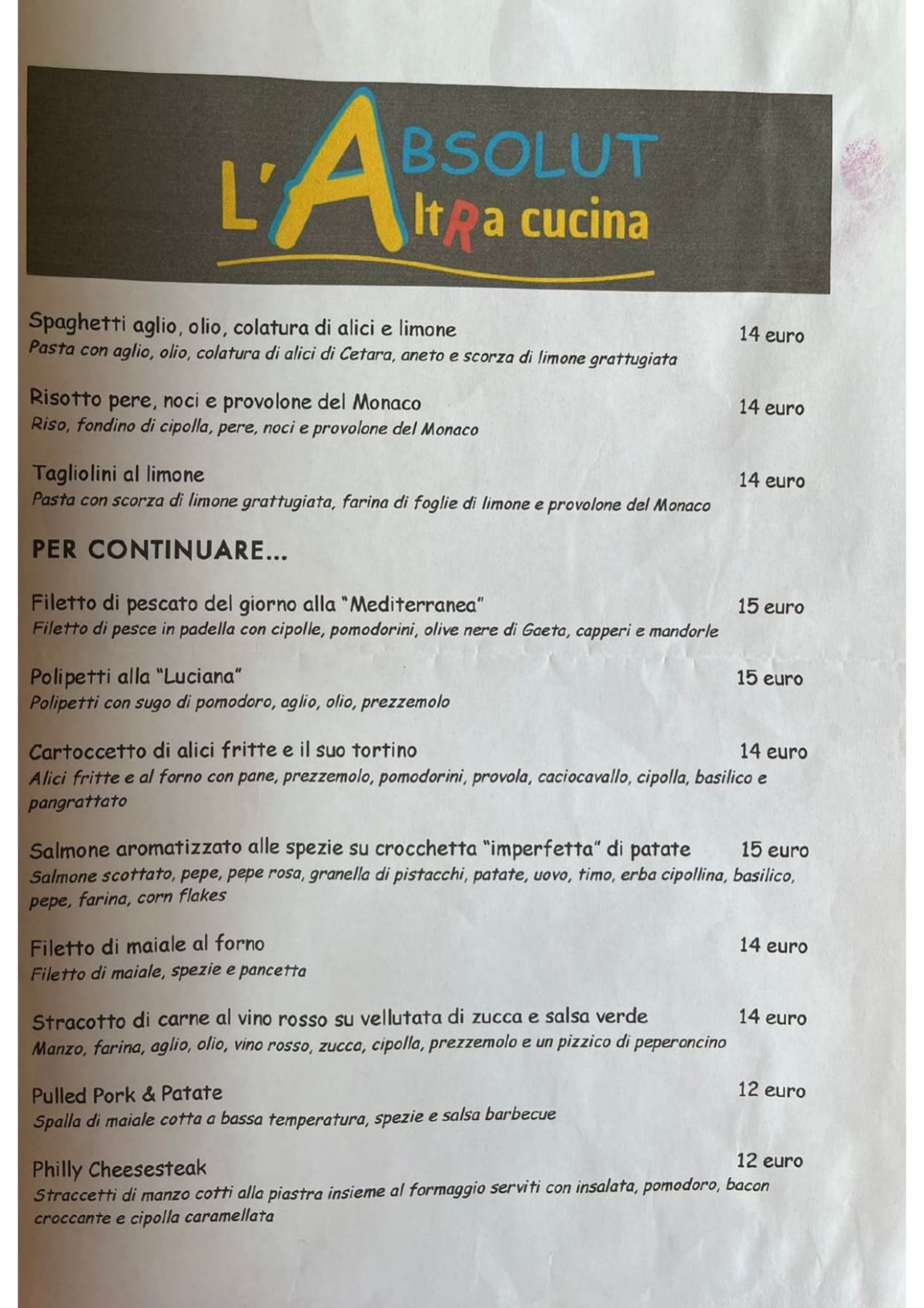 ABSOLUT L'AltRa Cucina menu