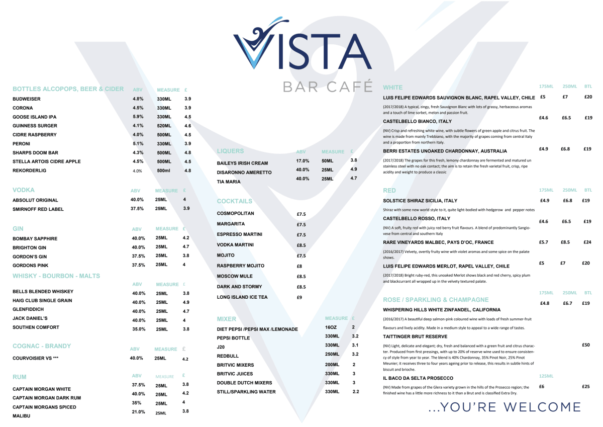 Menus 2024 Vista Bar Café at The View Hotel in Eastbourne TheFork
