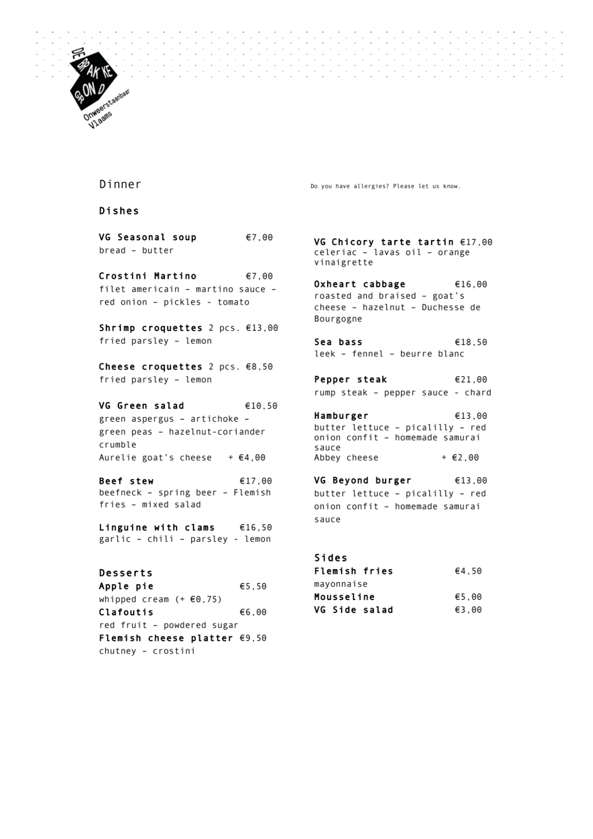 Eetcafé de Brakke Grond menu