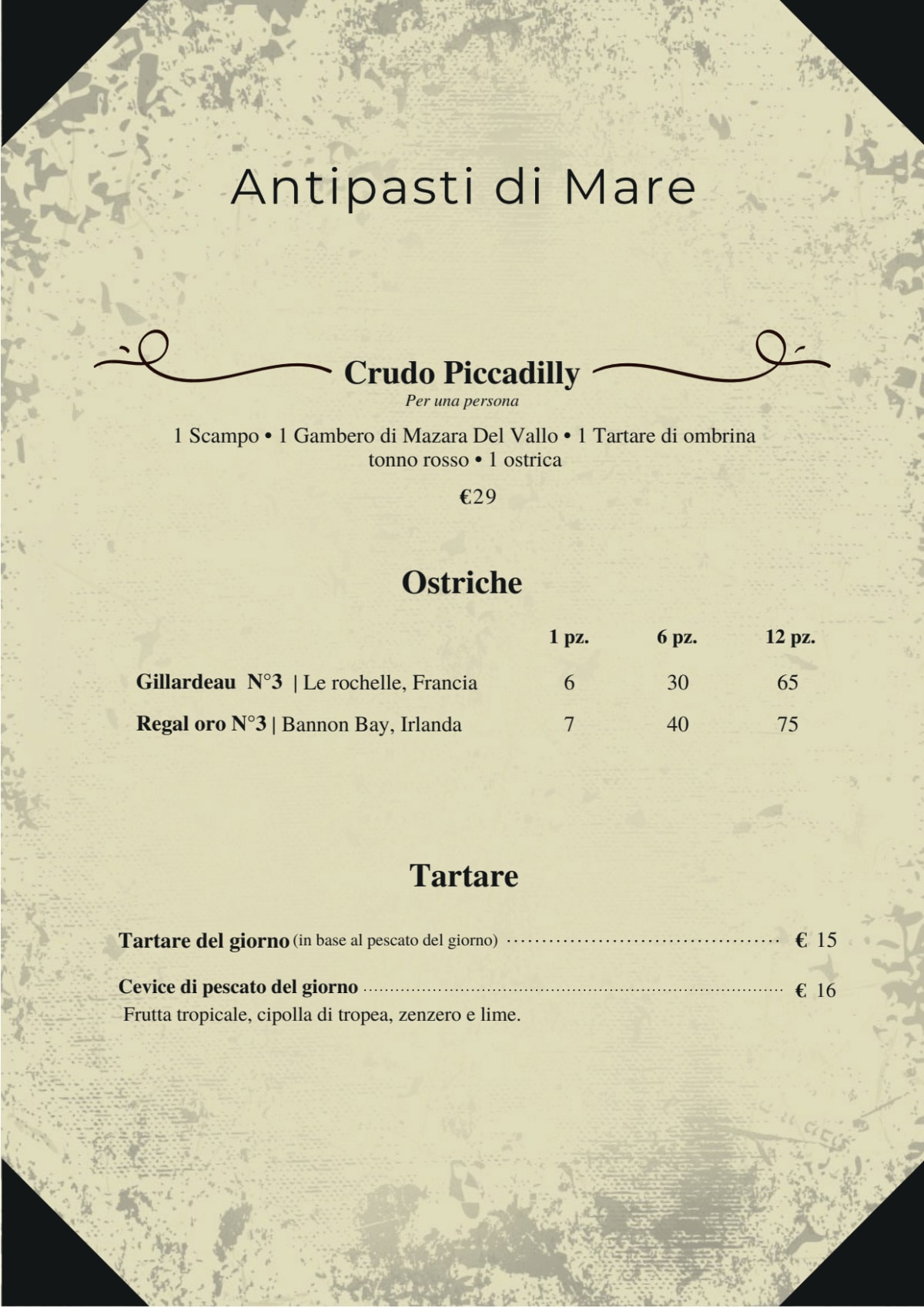 Piccadilly Roma menu