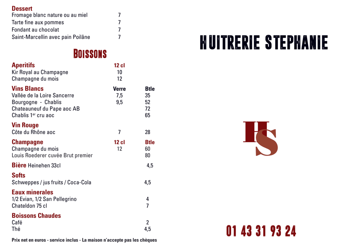 Huîtrerie Stéphanie menu