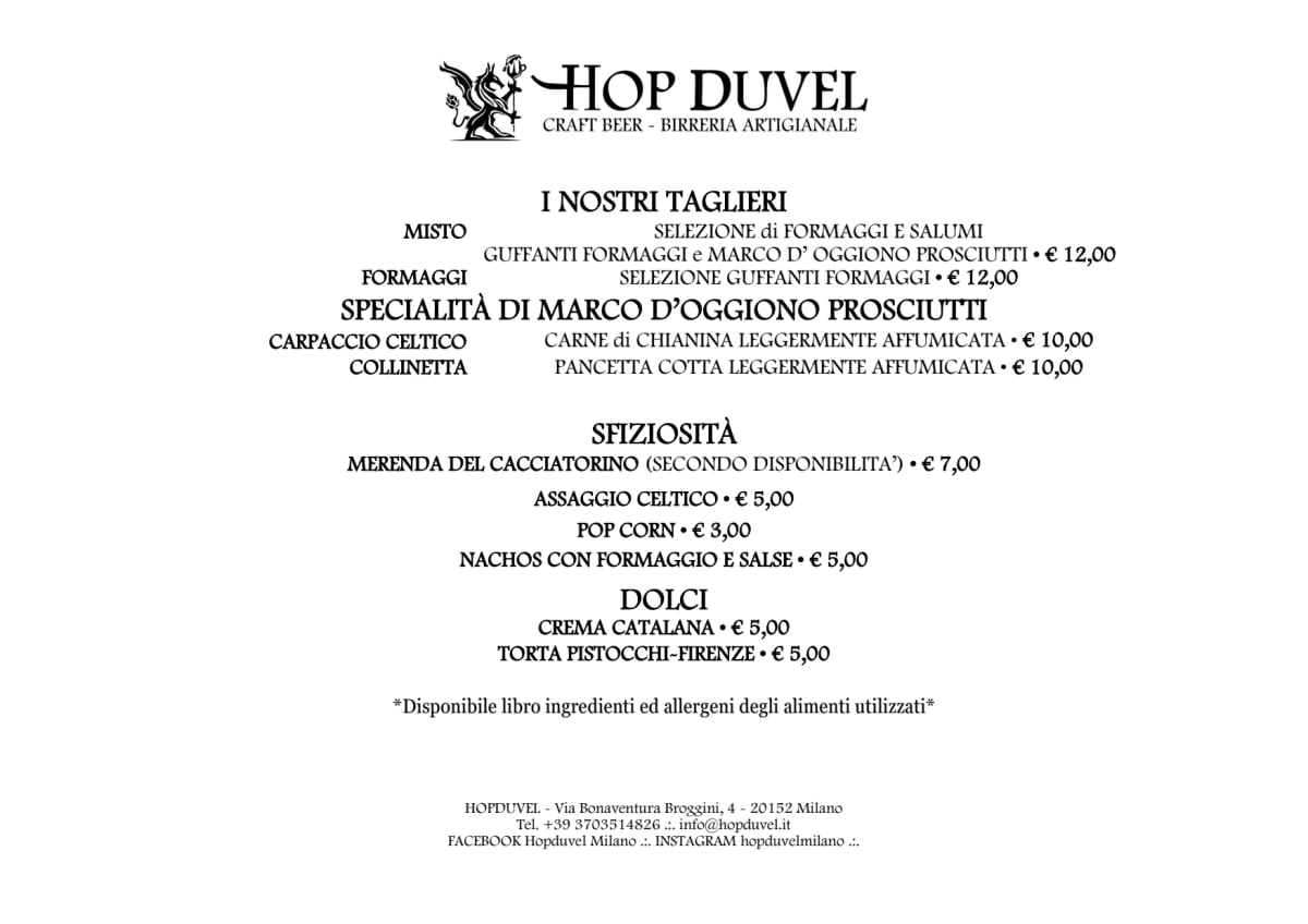 Birreria Artigianale Hopduvel menu