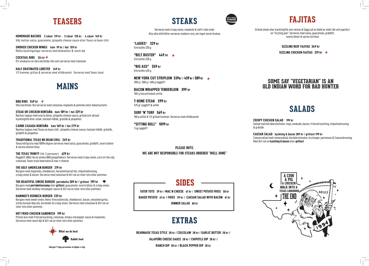 Texas Longhorn Norrtull menu