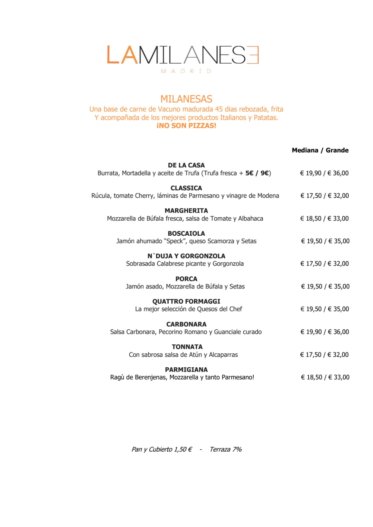 La Milanese Madrid menu