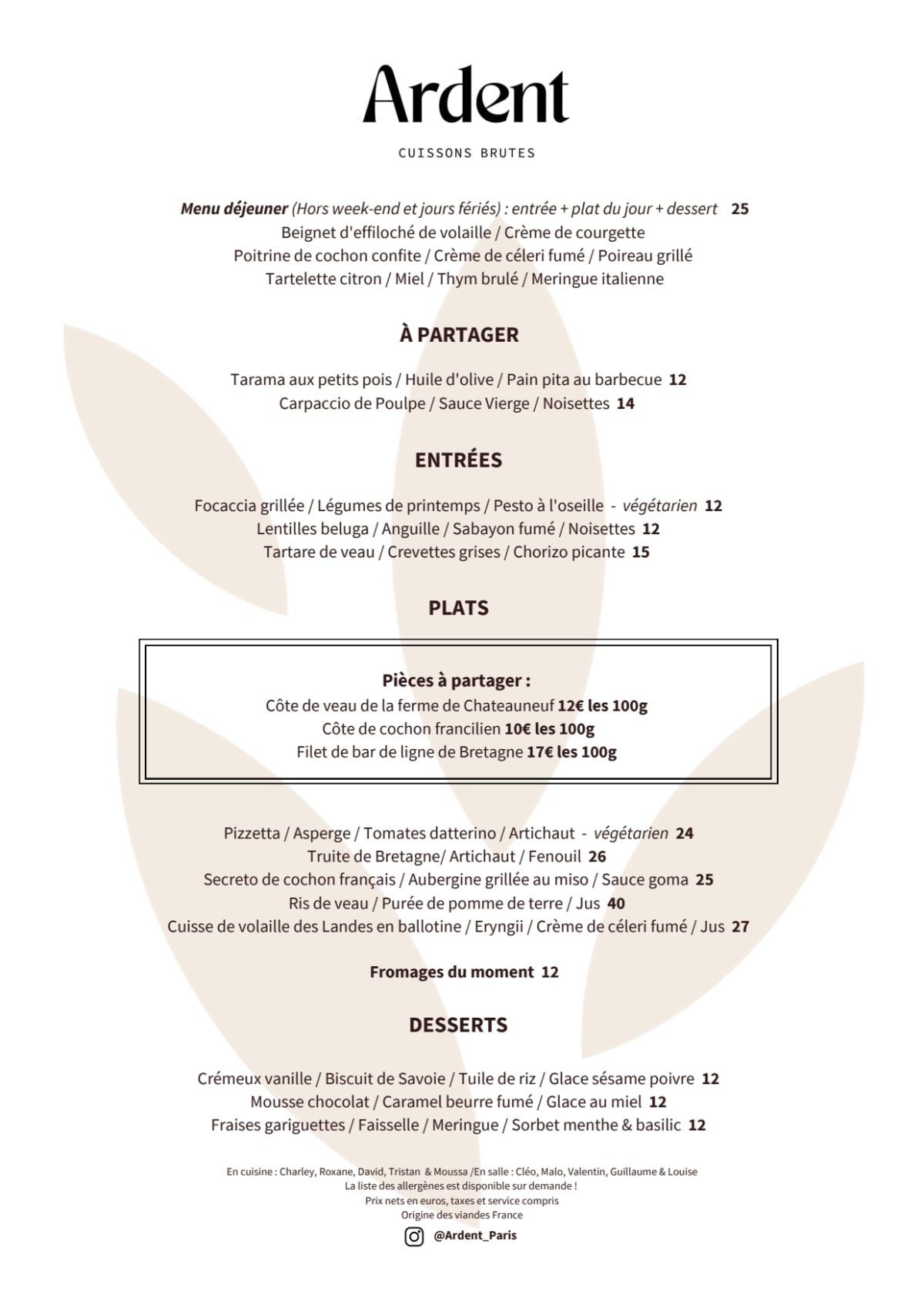 Ardent Paris menu