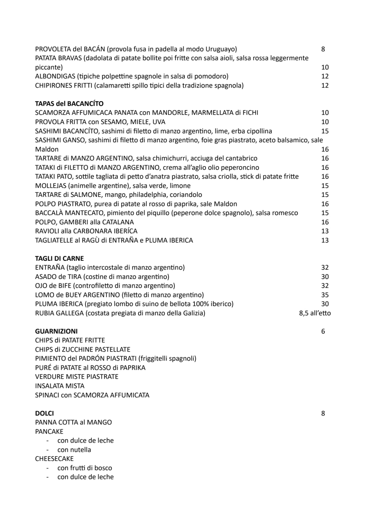 Bacancíto Milano menu