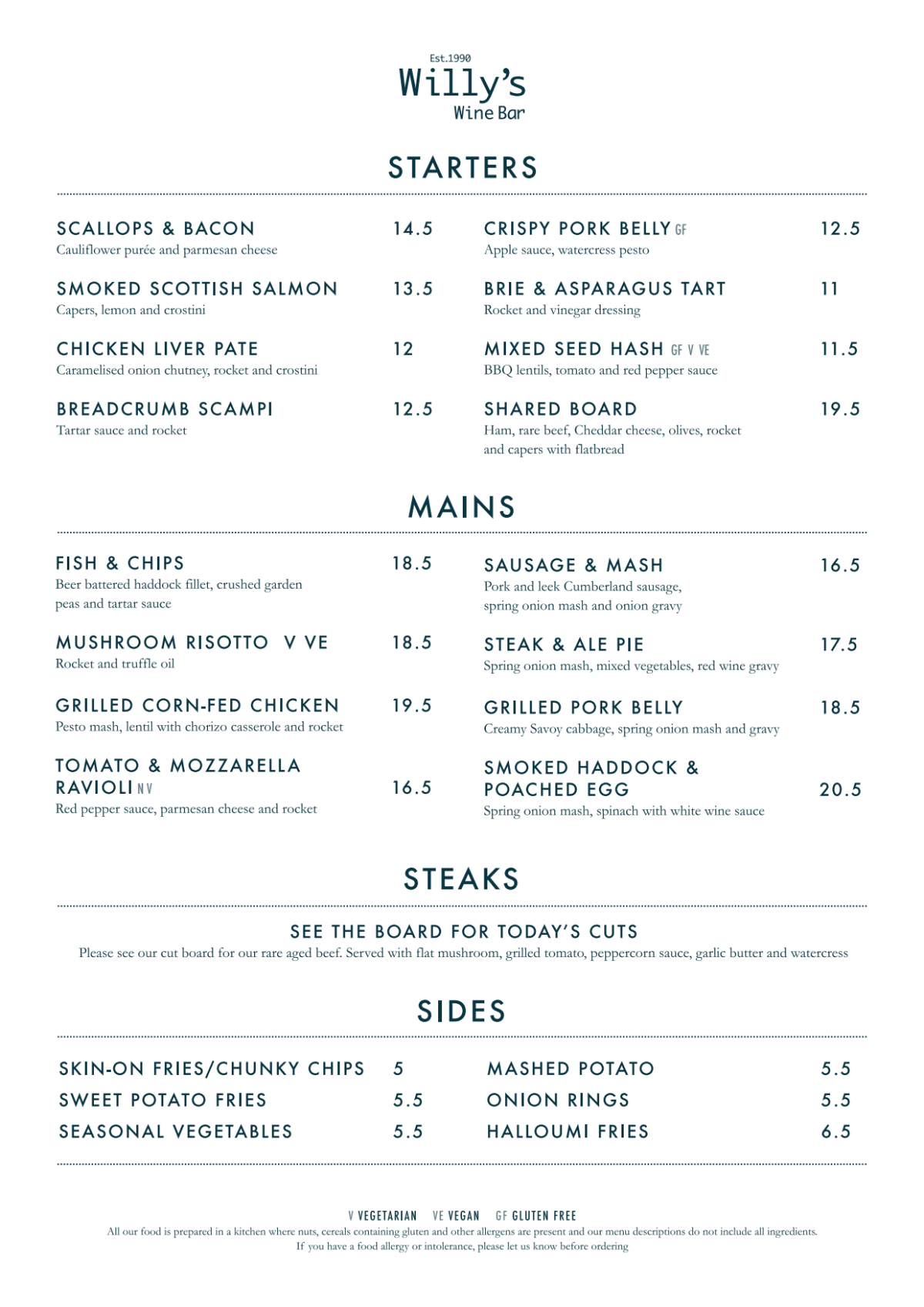 Menus 2024 Willy's Wine Bar in London TheFork