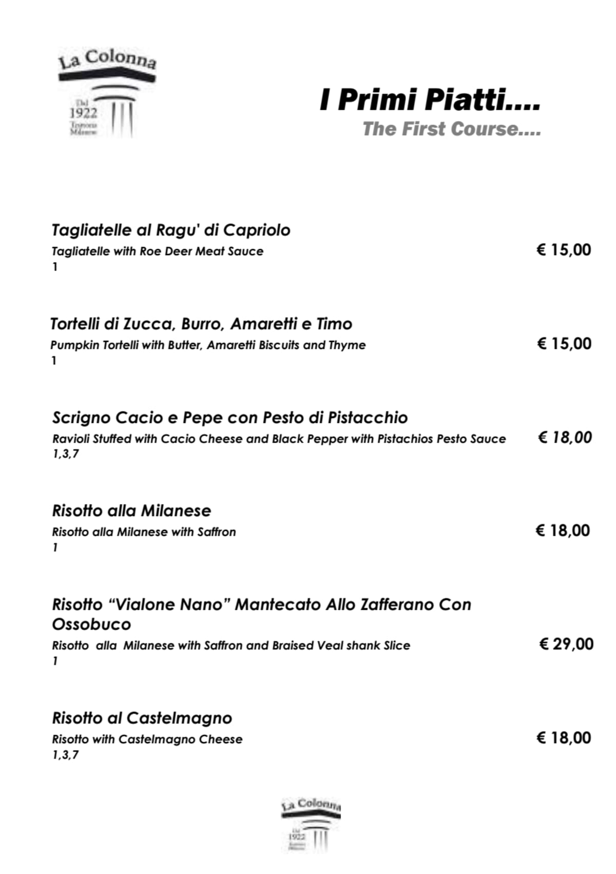 Trattoria La Colonna menu