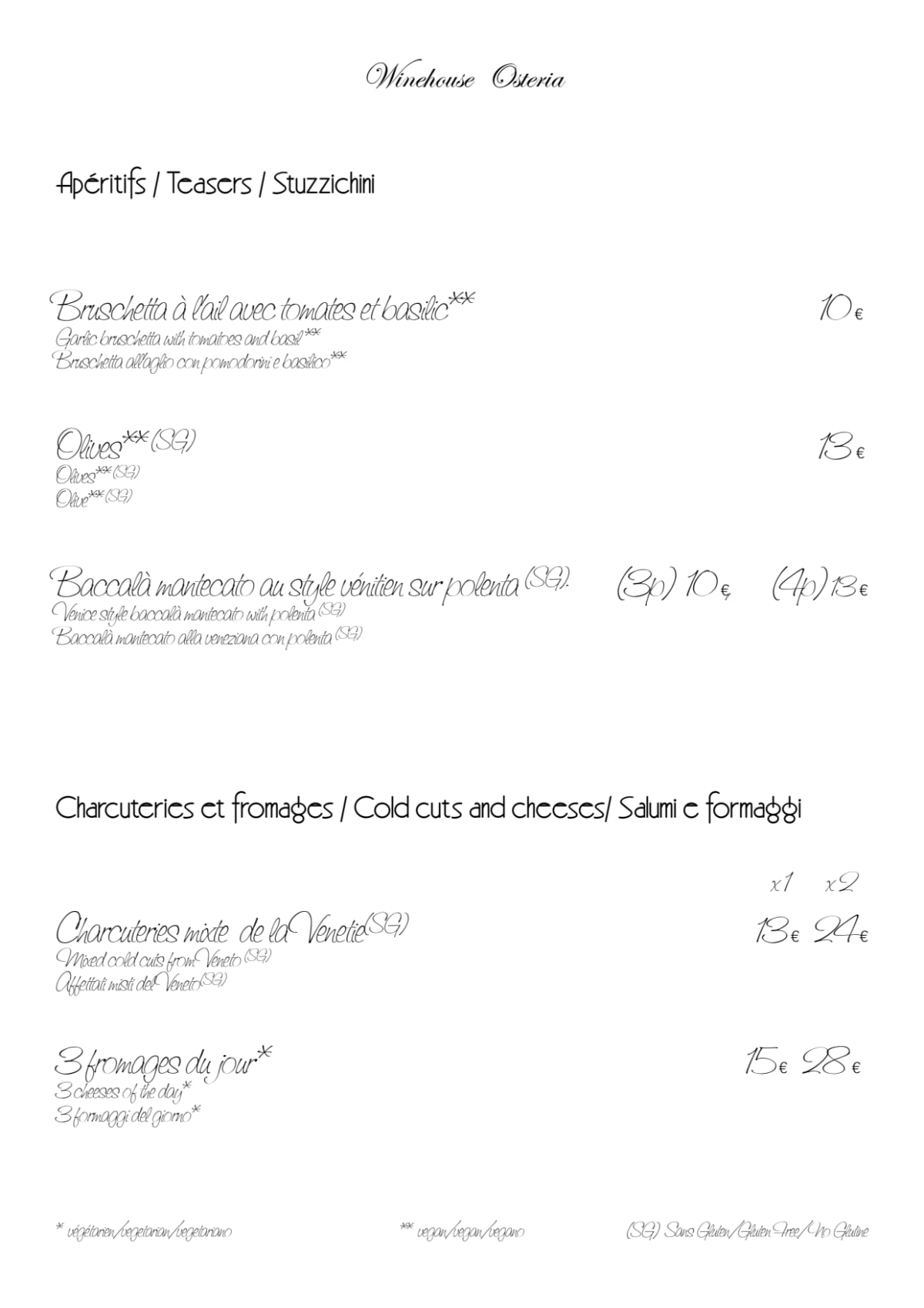 Winehouse Osteria menu