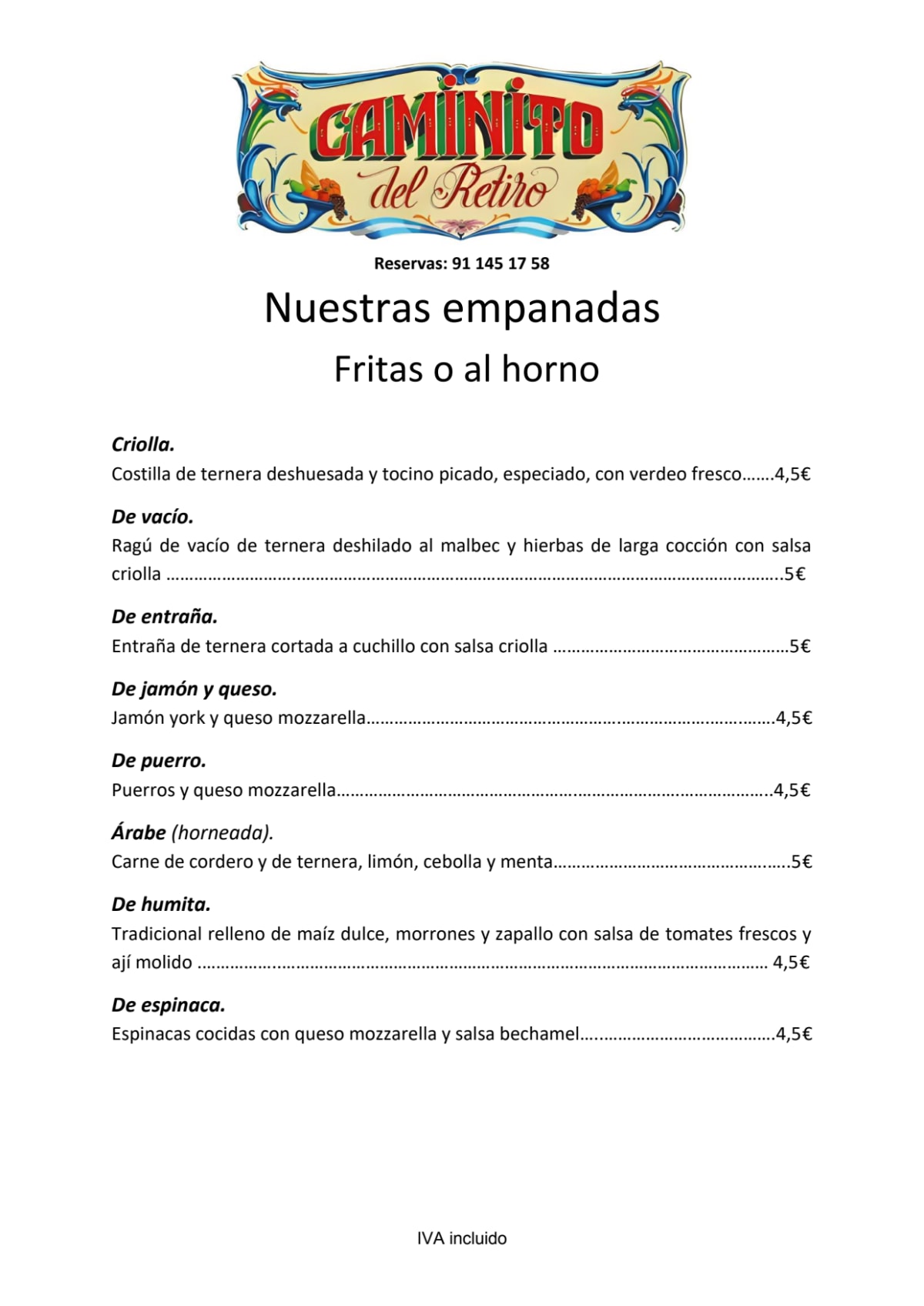 Caminito del Retiro menu