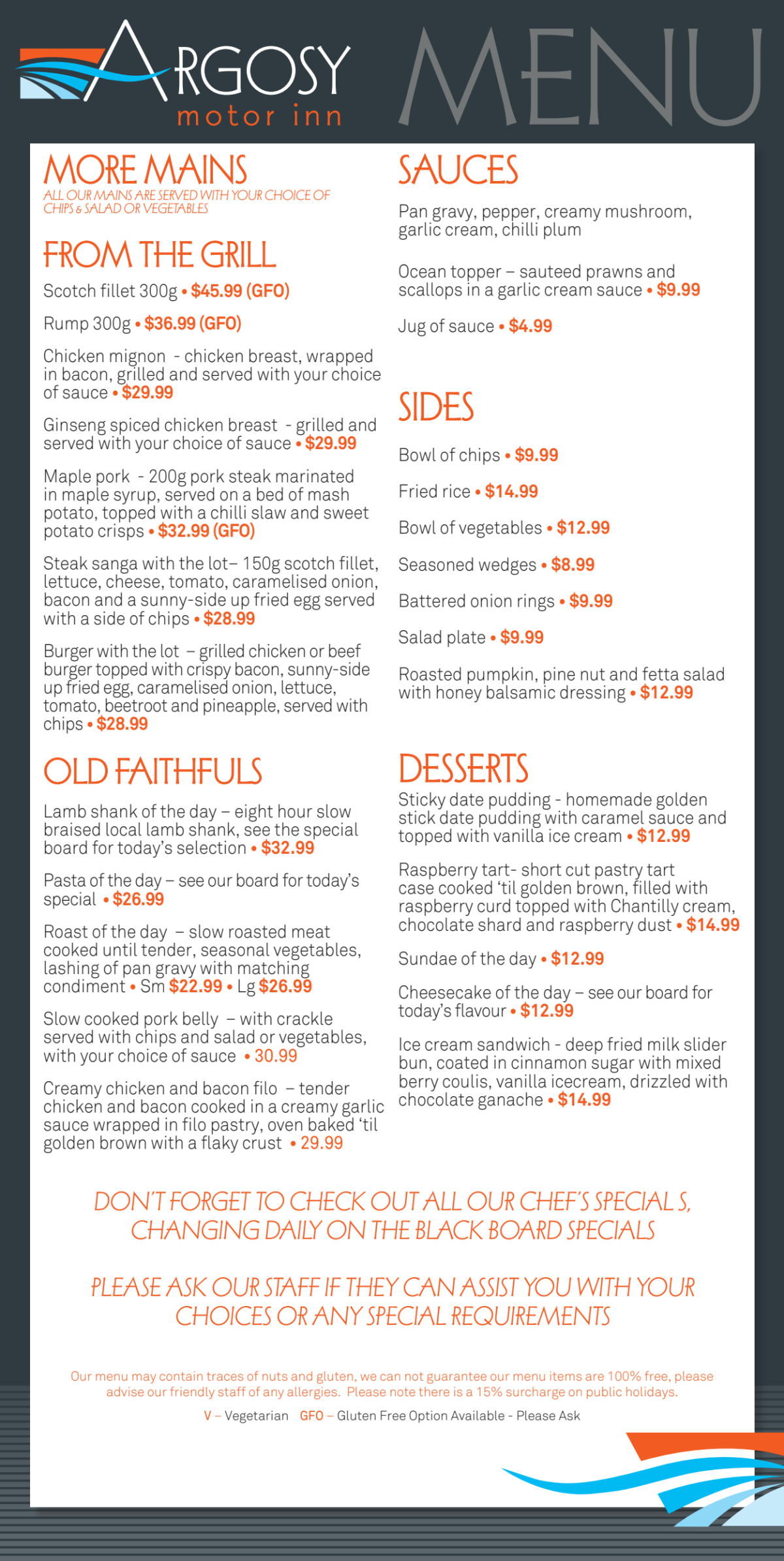 Speisekarte 2023 Argosy Motor Inn Bistro in East Devonport TheFork