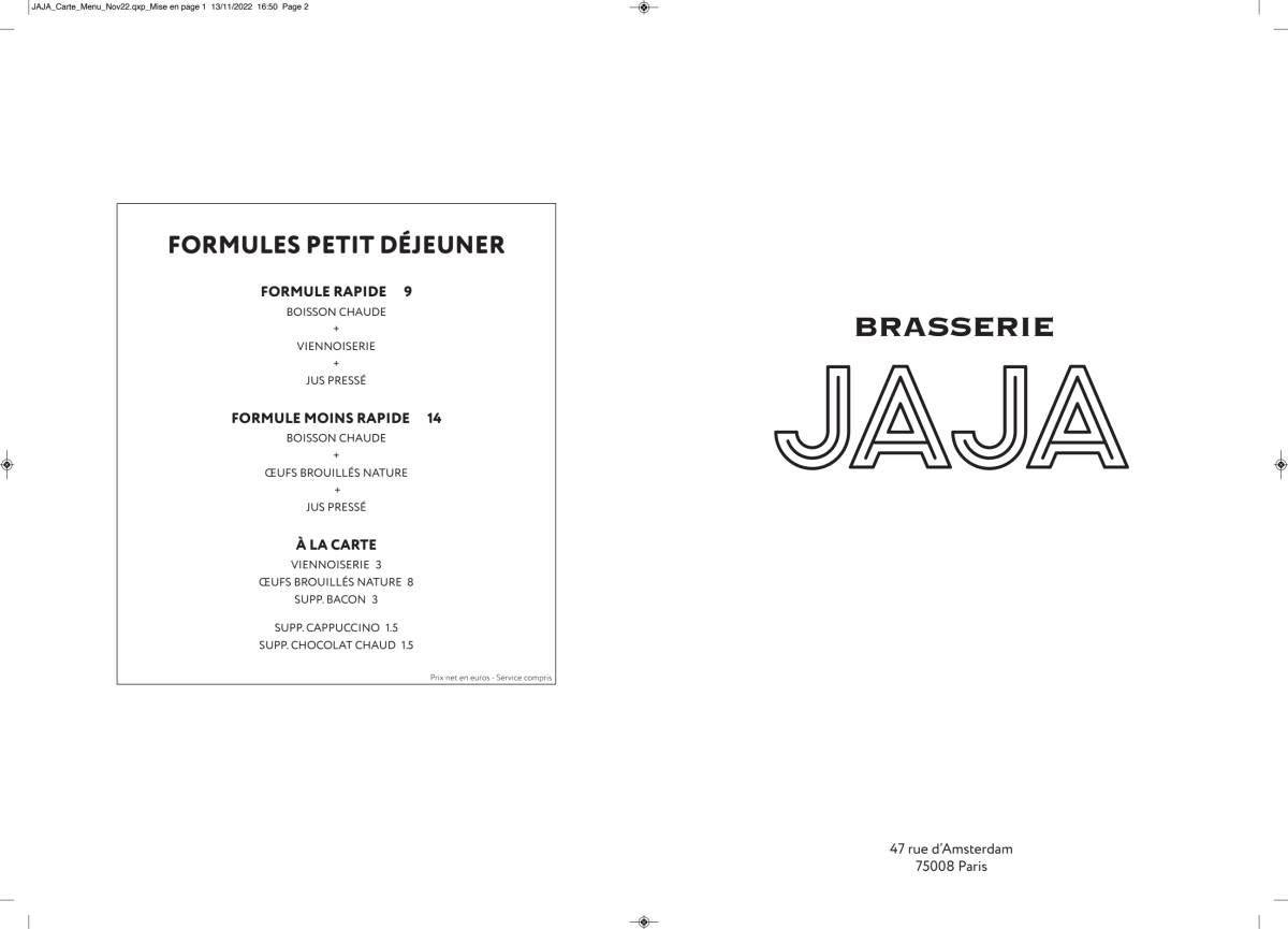 Menu 2024 Brasserie JAJA in Paris TheFork