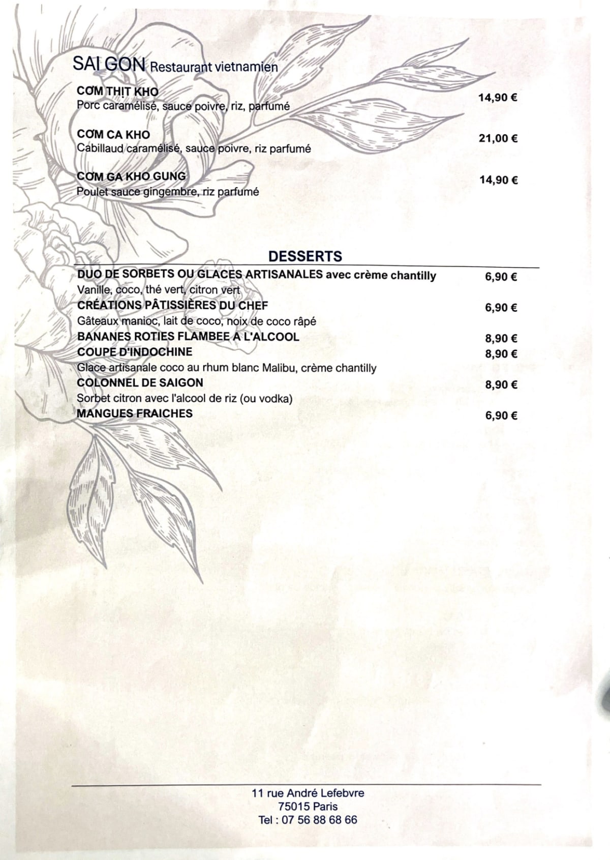 Restaurant Saigon menu