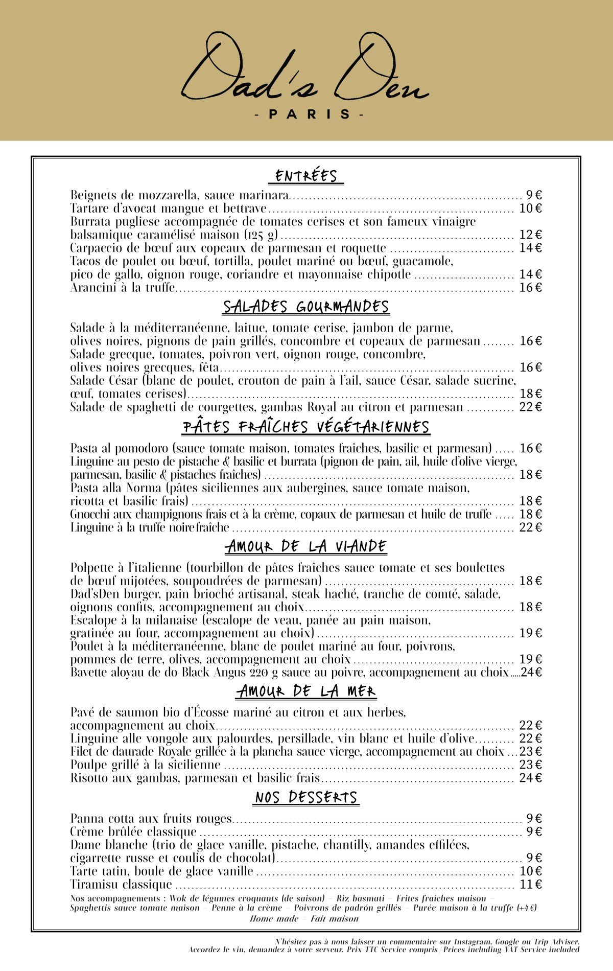 Dad's Den menu