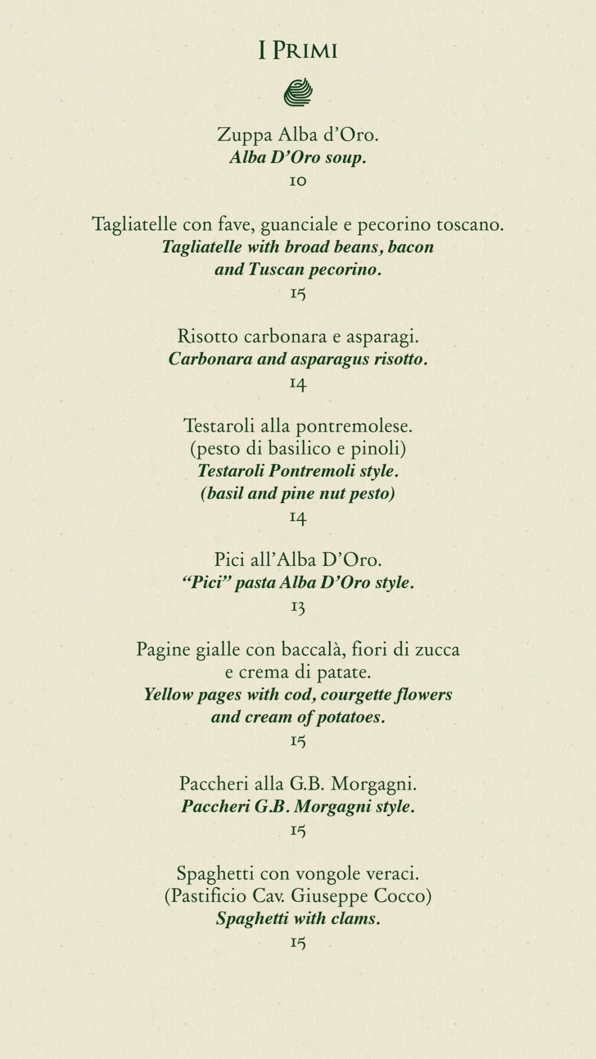 Alba d'Oro menu