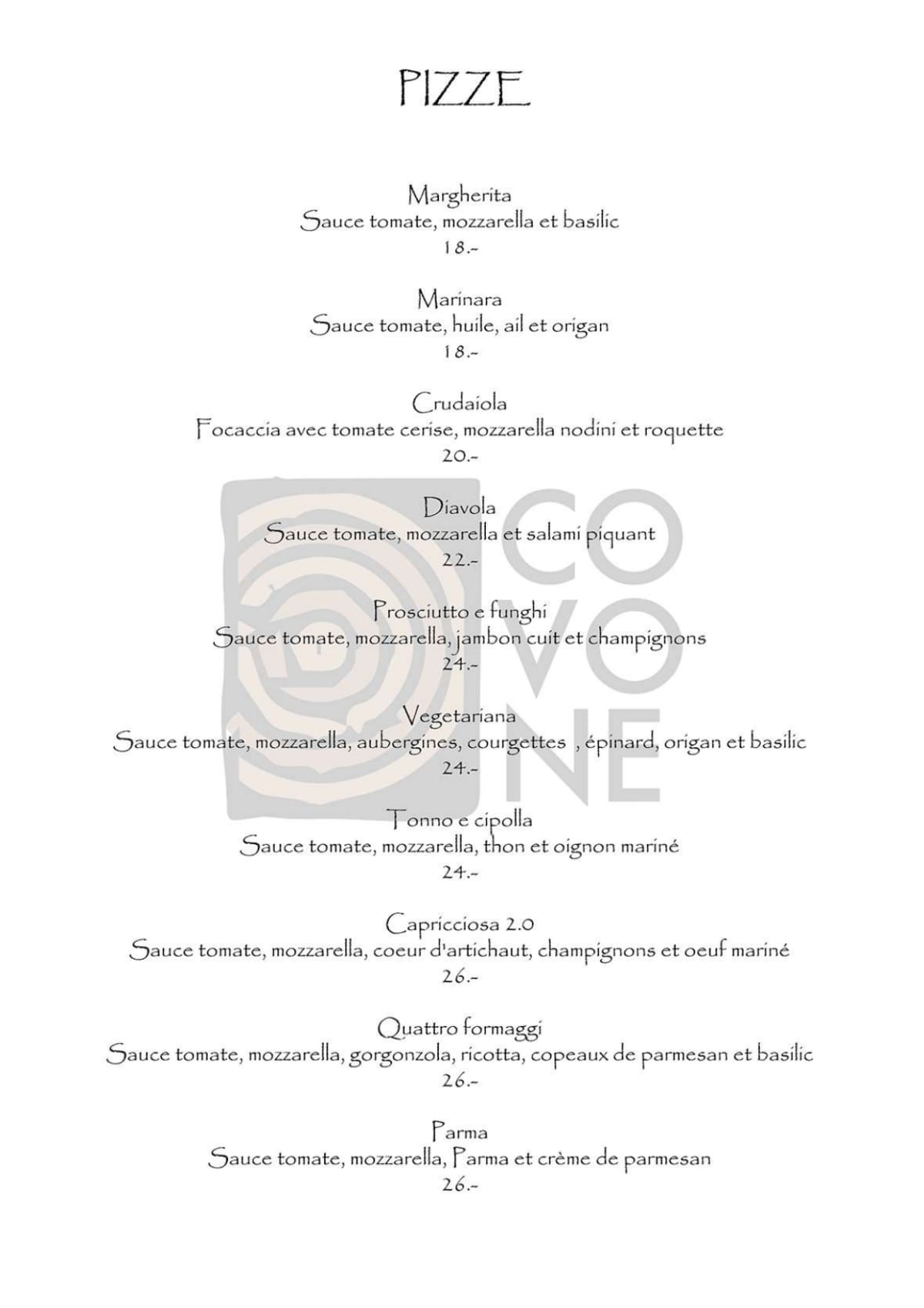 Covone Restaurant menu