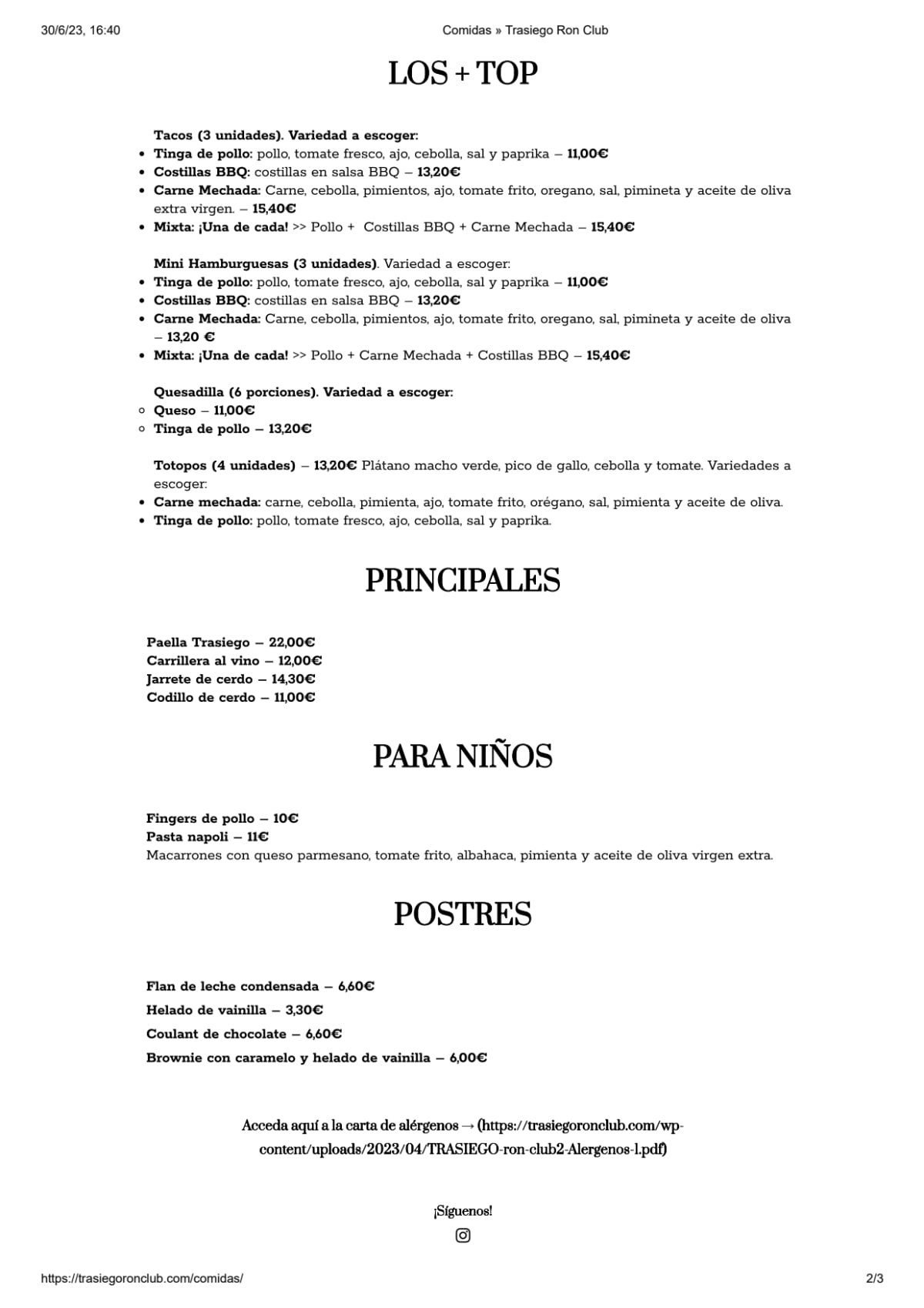 Trasiego Ron Club menu