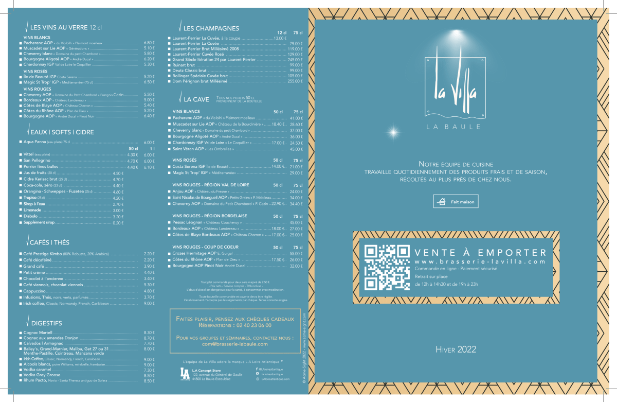 Carte et Menus 2024 La Villa à La BauleEscoublac TheFork
