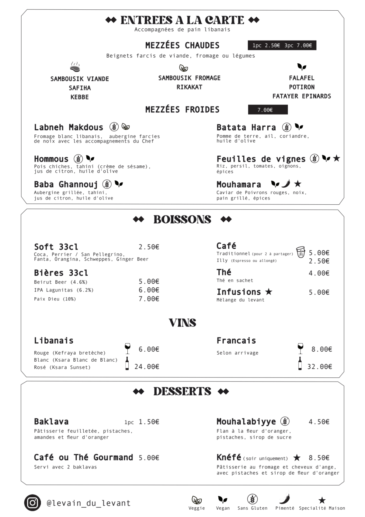 Levain du Levant menu