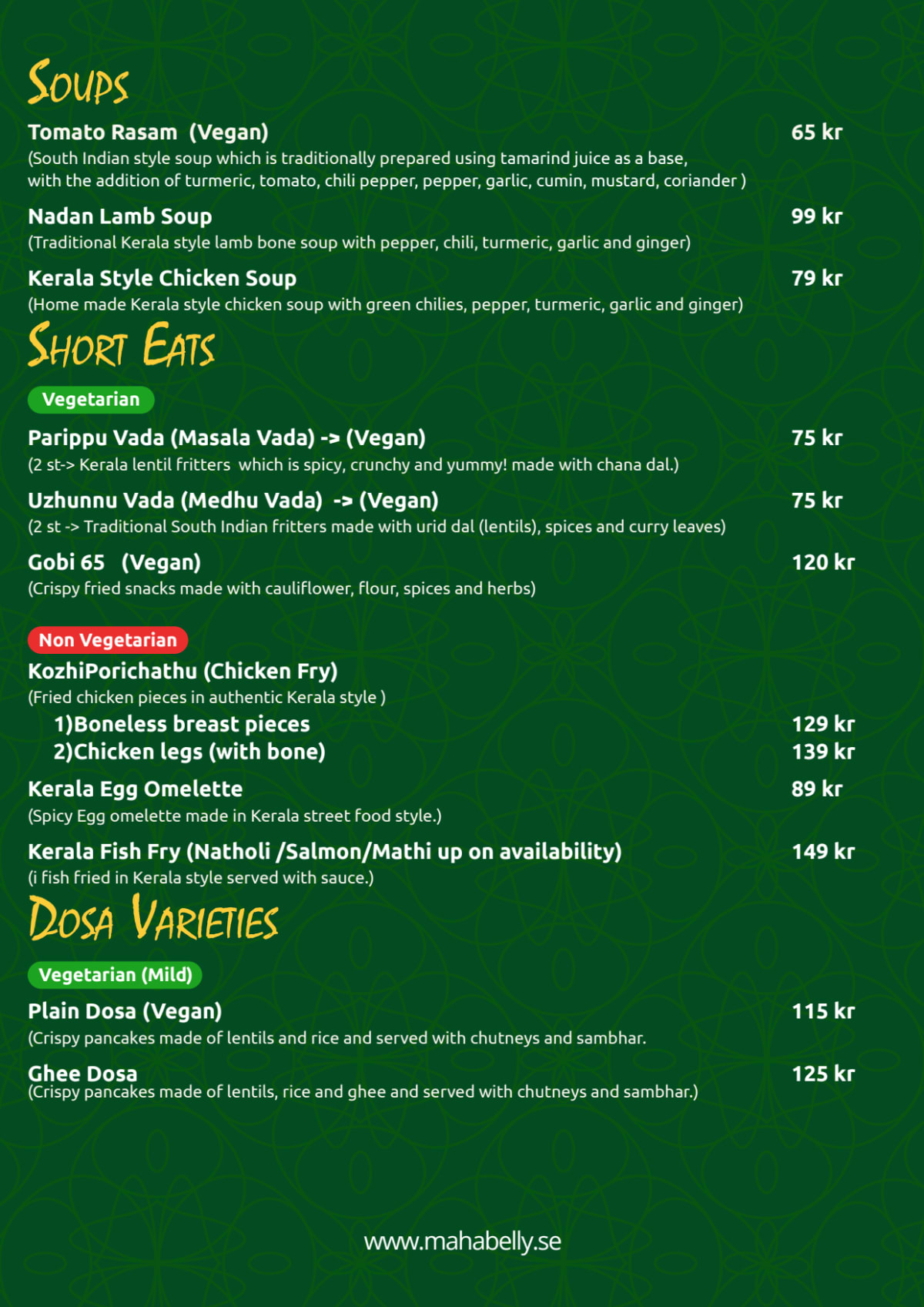 Mahabelly Taste Of Kerala- Indian Restaurant menu