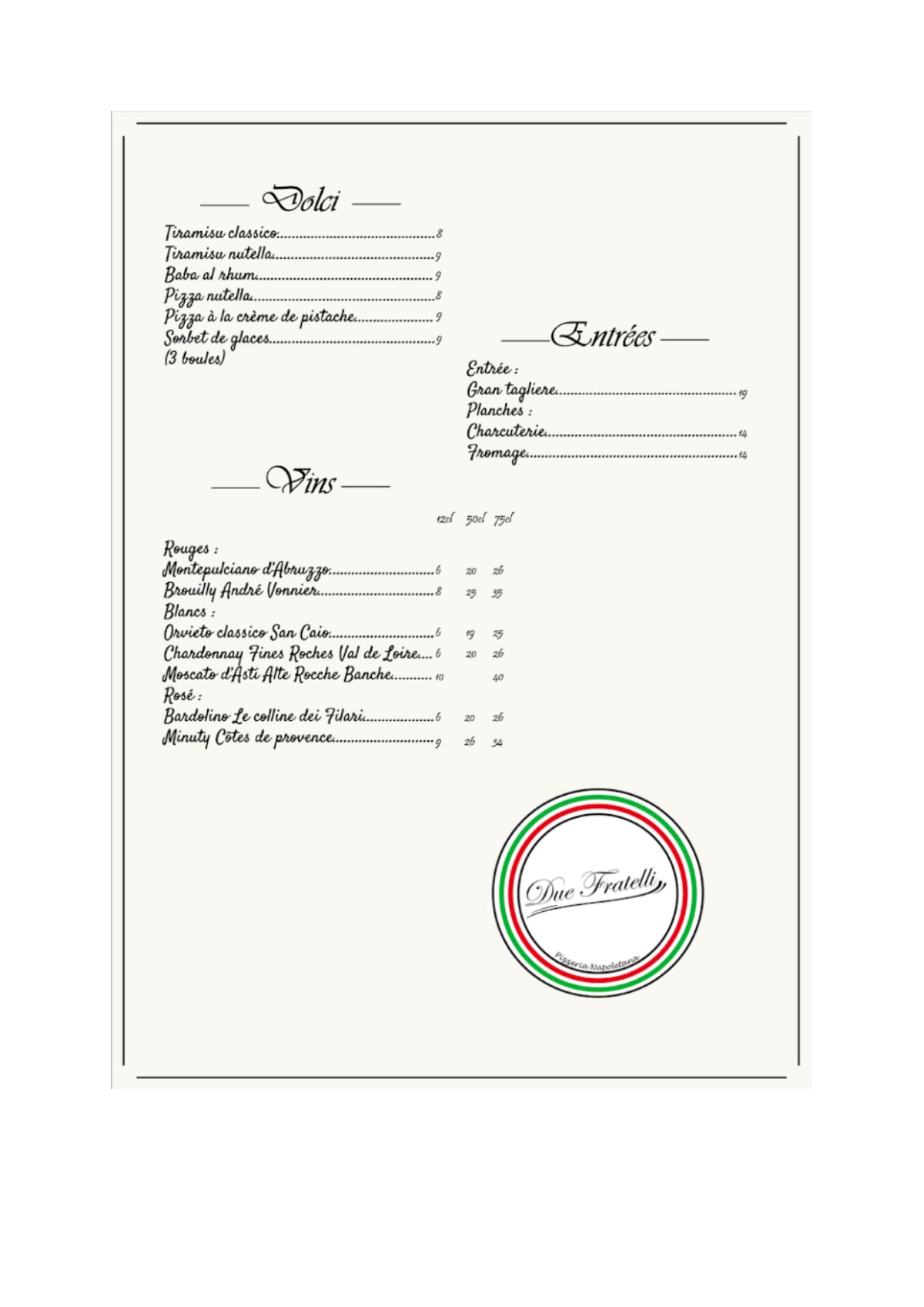 Due Fratelli menu