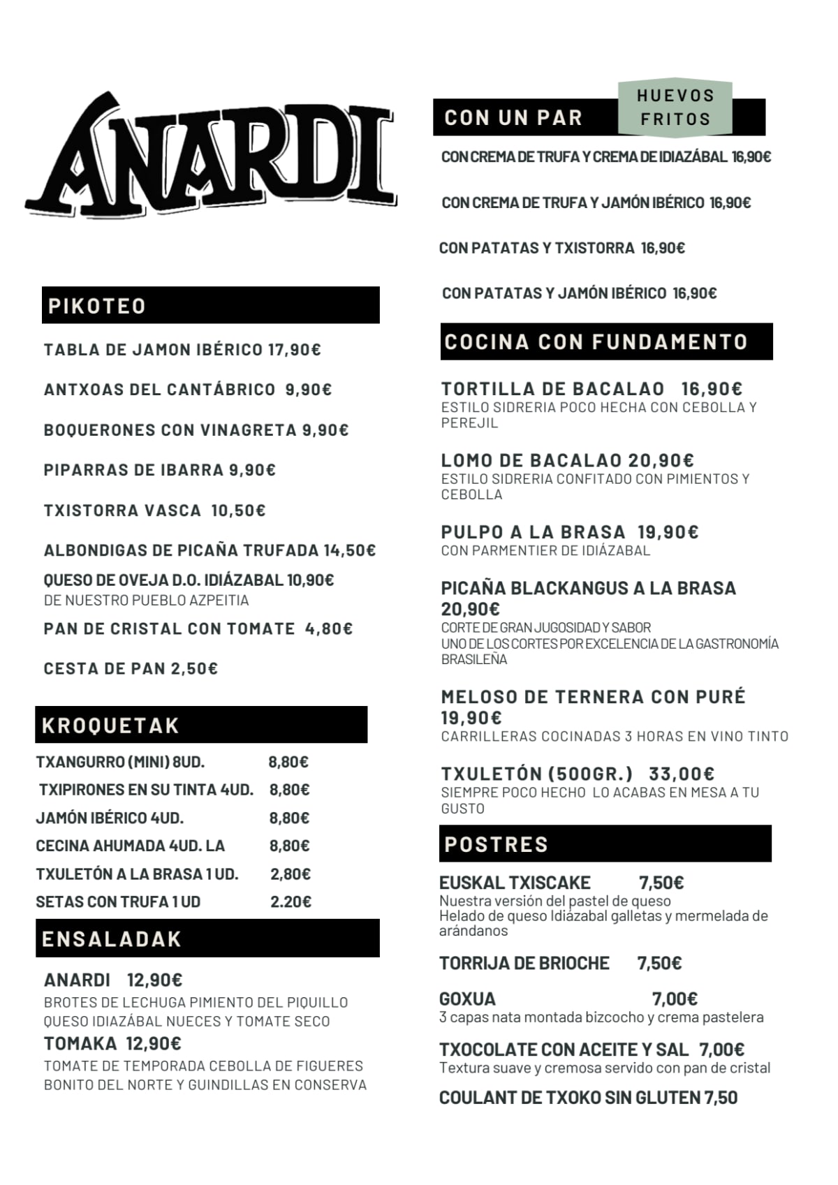 Anardi menu