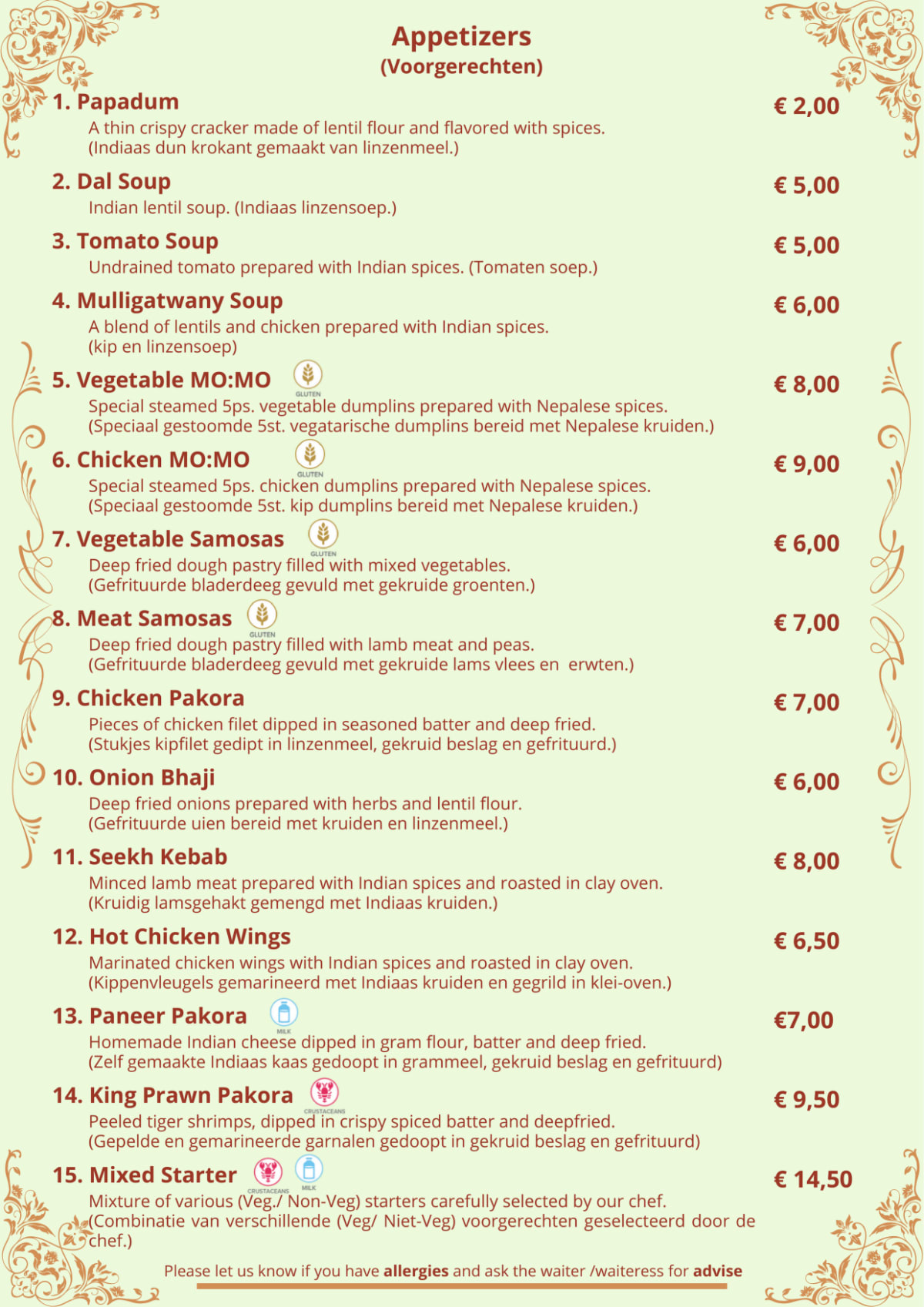 Sita Indian & Nepalese restaurant menu