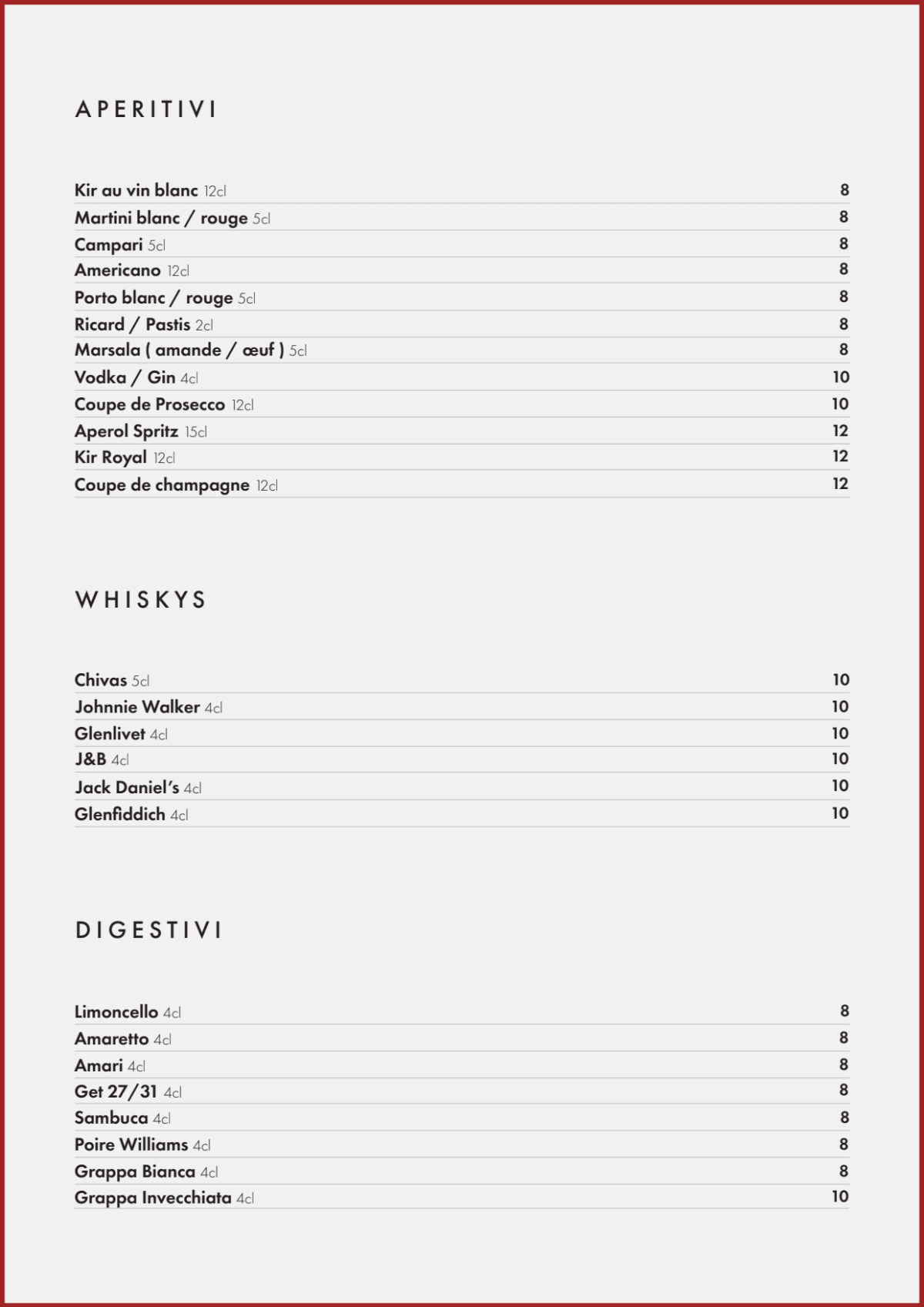 Visconti Madeleine menu