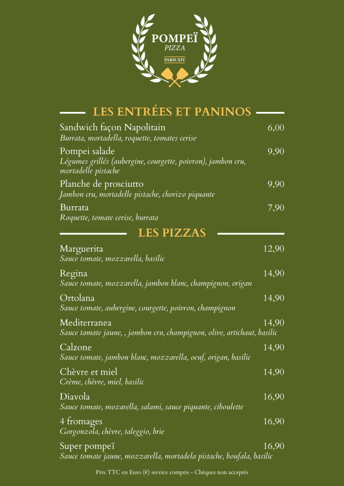 Pompeï Pizza menu