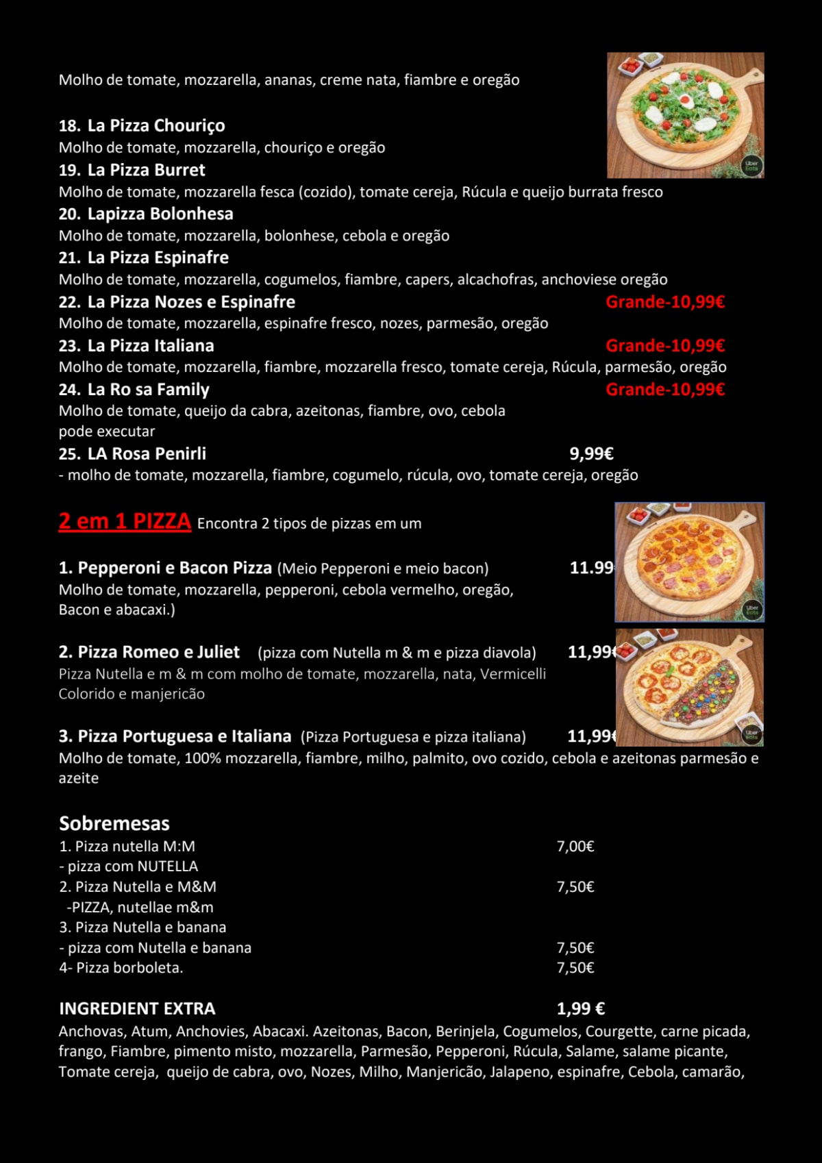 La Rosa Pizzaria menu